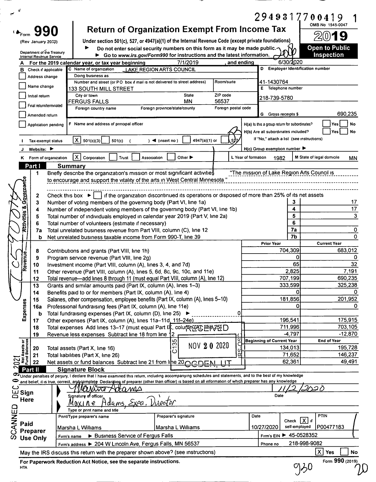 Image of first page of 2019 Form 990 for Lake Region Arts Council