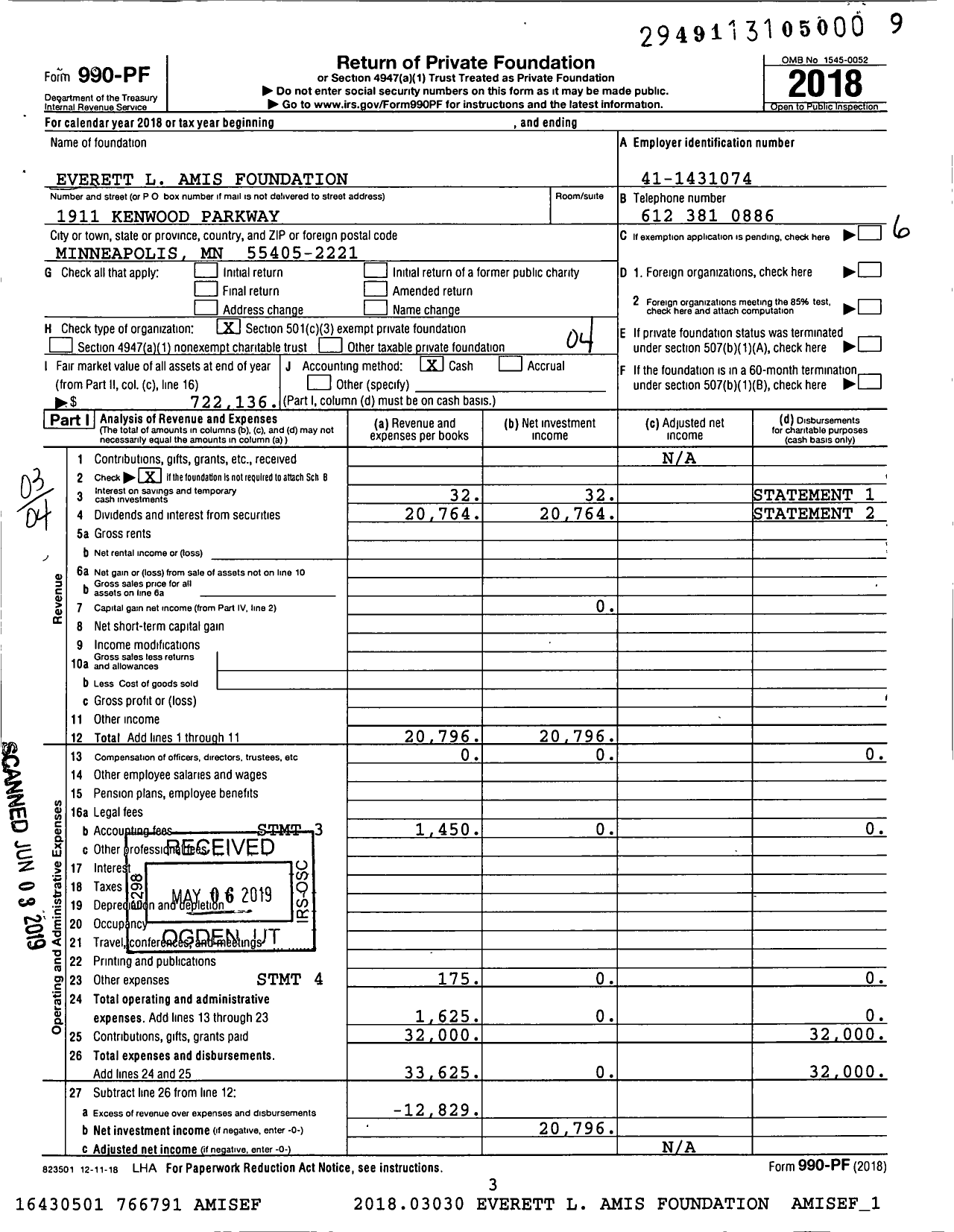 Image of first page of 2018 Form 990PF for Everett L Amis Foundation