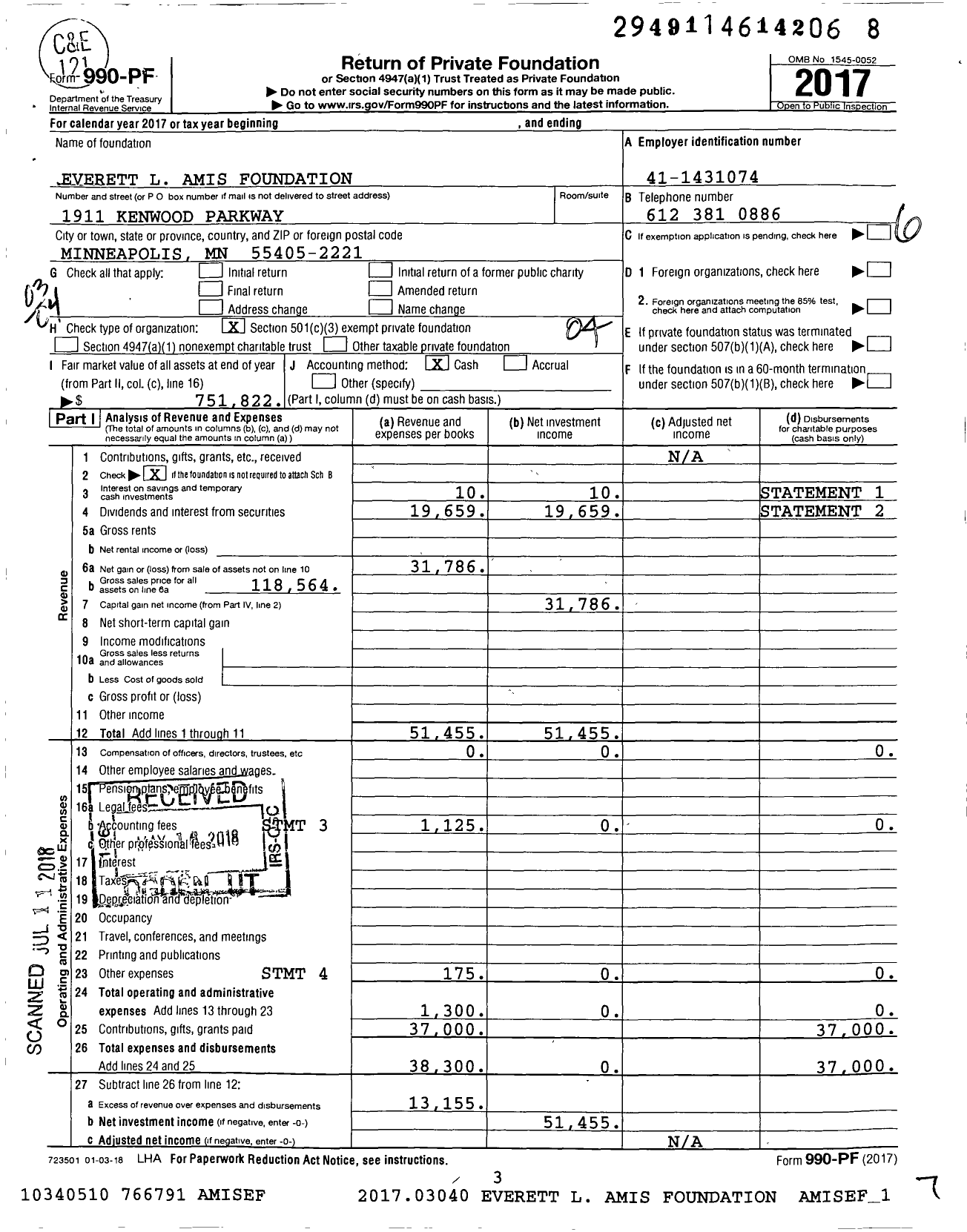 Image of first page of 2017 Form 990PF for Everett L Amis Foundation