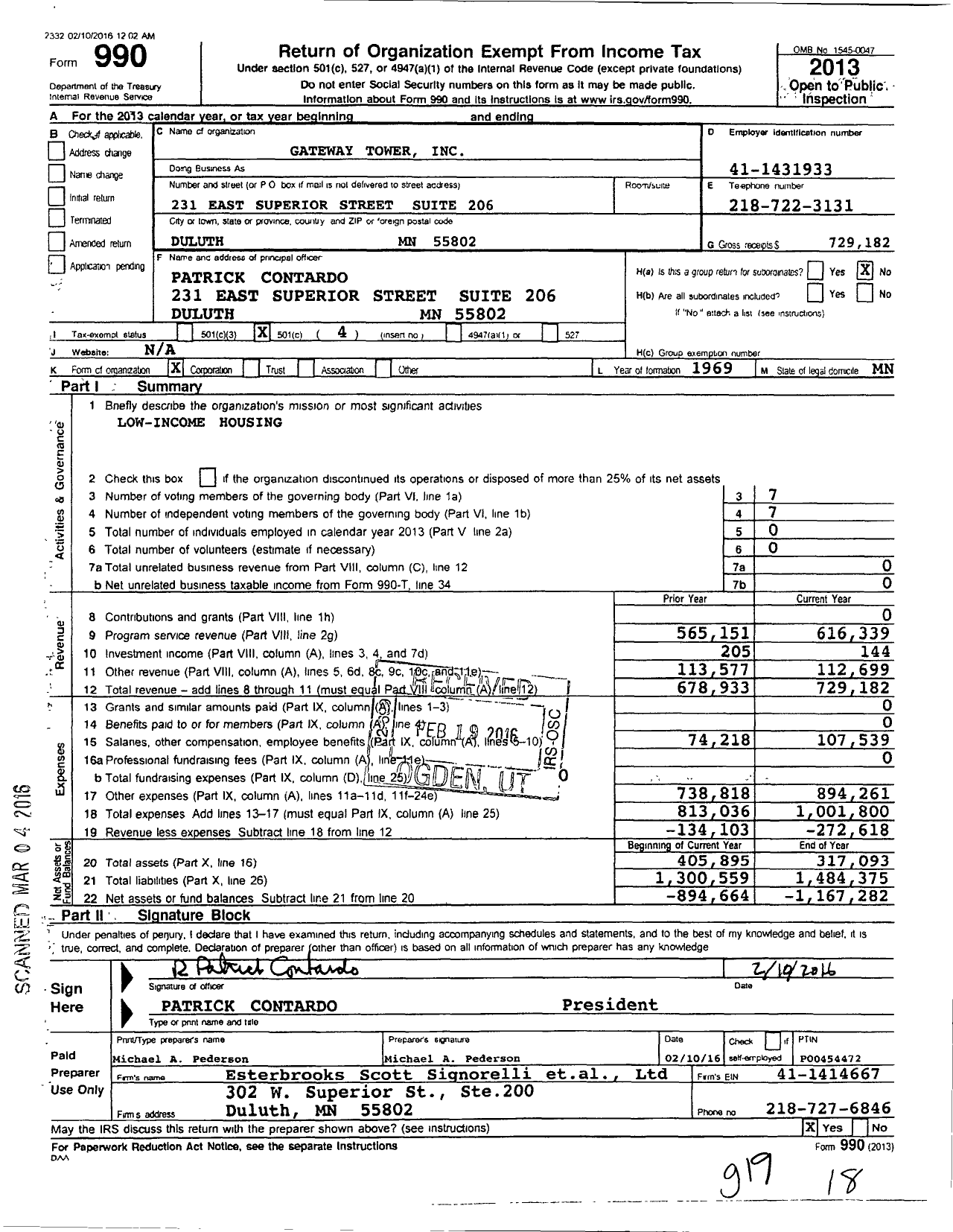 Image of first page of 2013 Form 990O for Gateway Towers