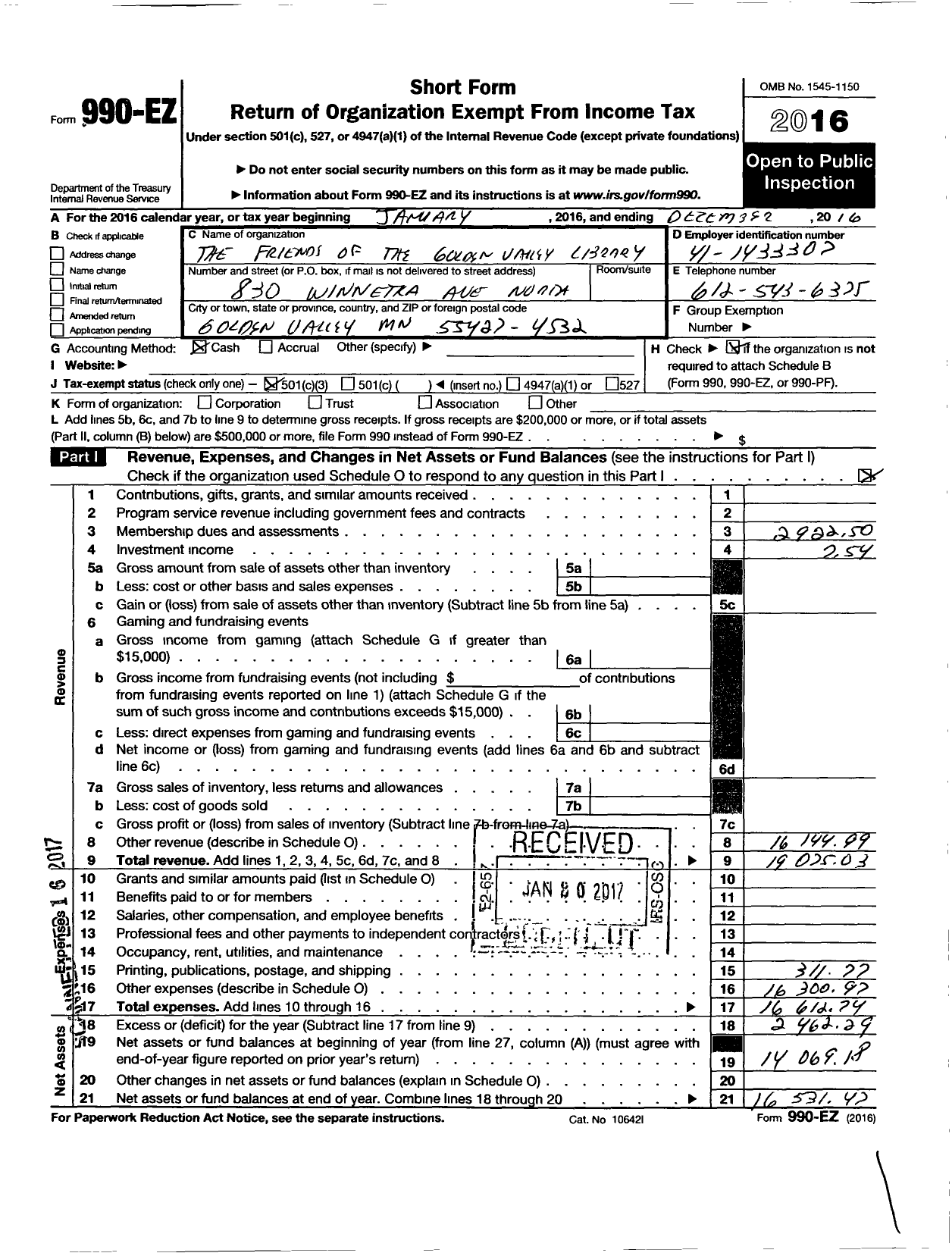 Image of first page of 2016 Form 990EZ for The Friends of the Golden Valley Library