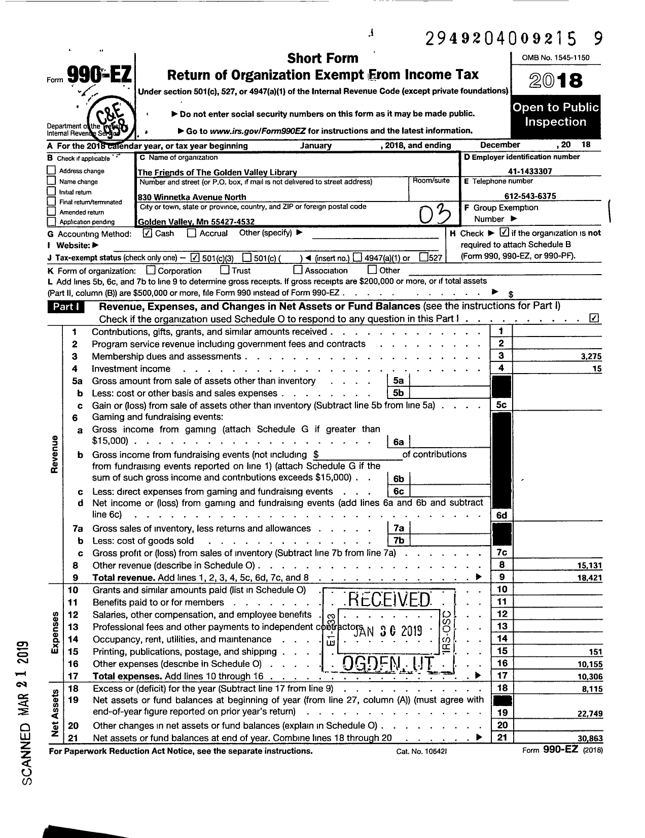 Image of first page of 2018 Form 990EZ for The Friends of the Golden Valley Library