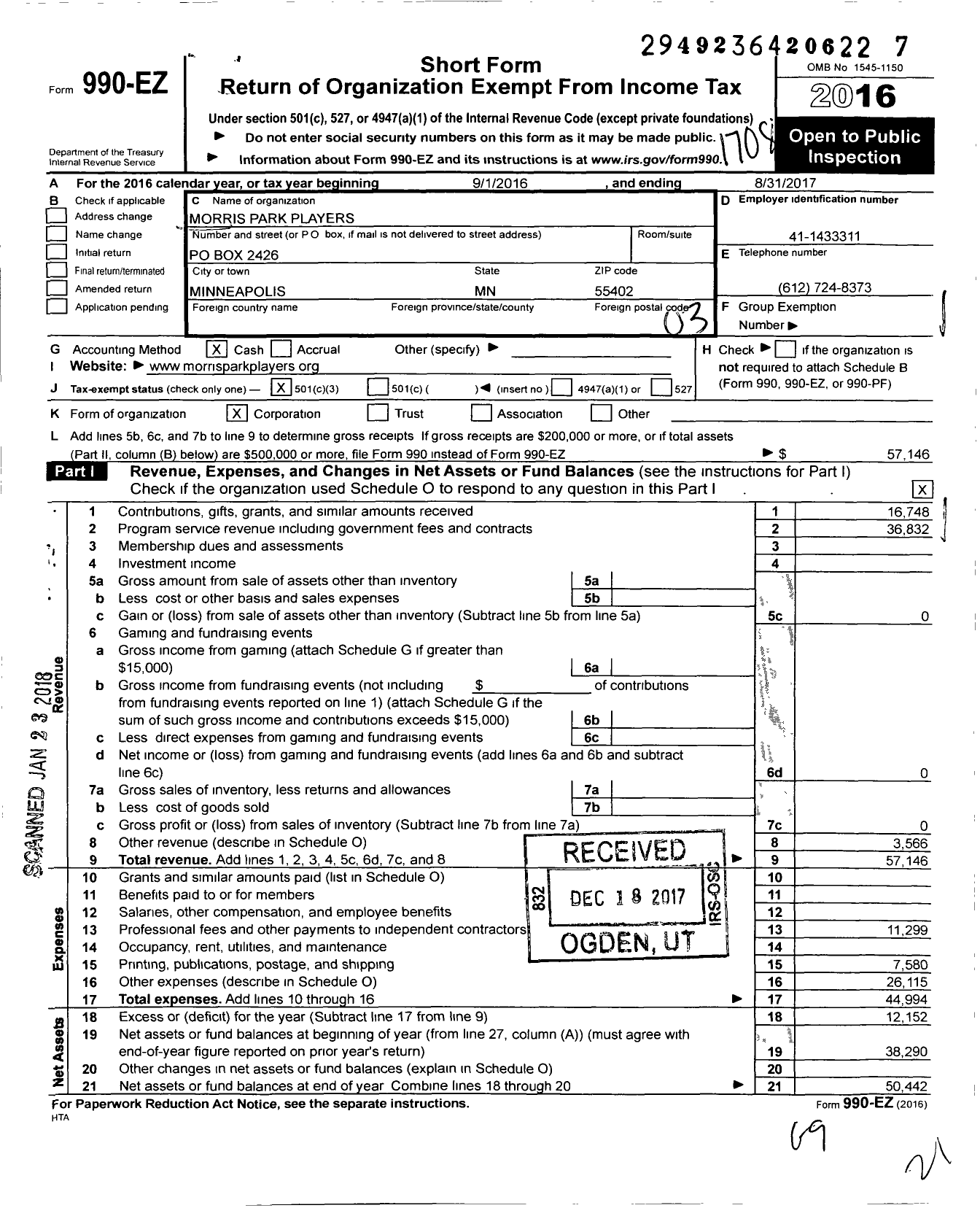 Image of first page of 2016 Form 990EZ for Morris Park Players