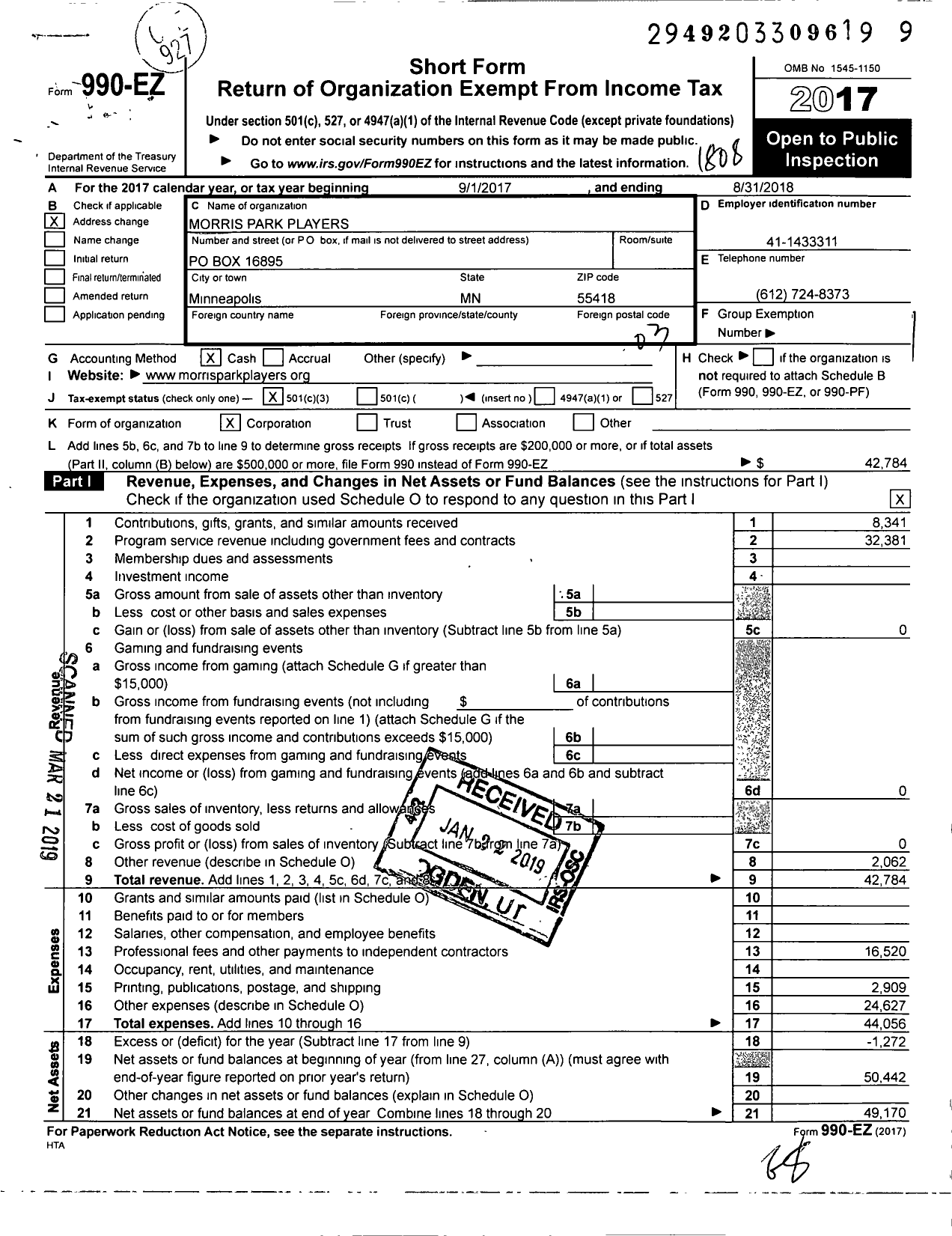 Image of first page of 2017 Form 990EZ for Morris Park Players