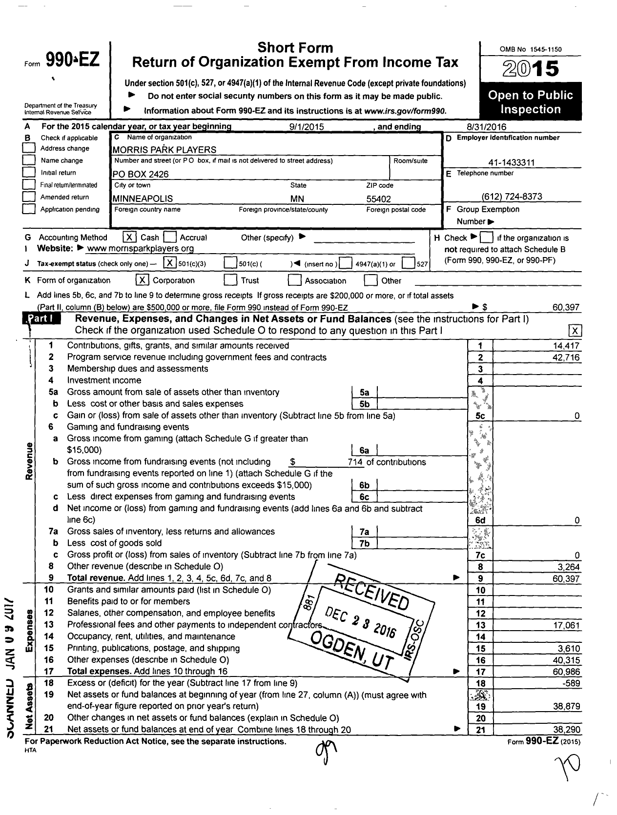 Image of first page of 2015 Form 990EZ for Morris Park Players