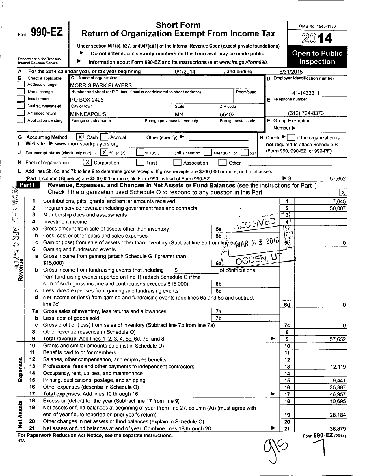 Image of first page of 2014 Form 990EZ for Morris Park Players