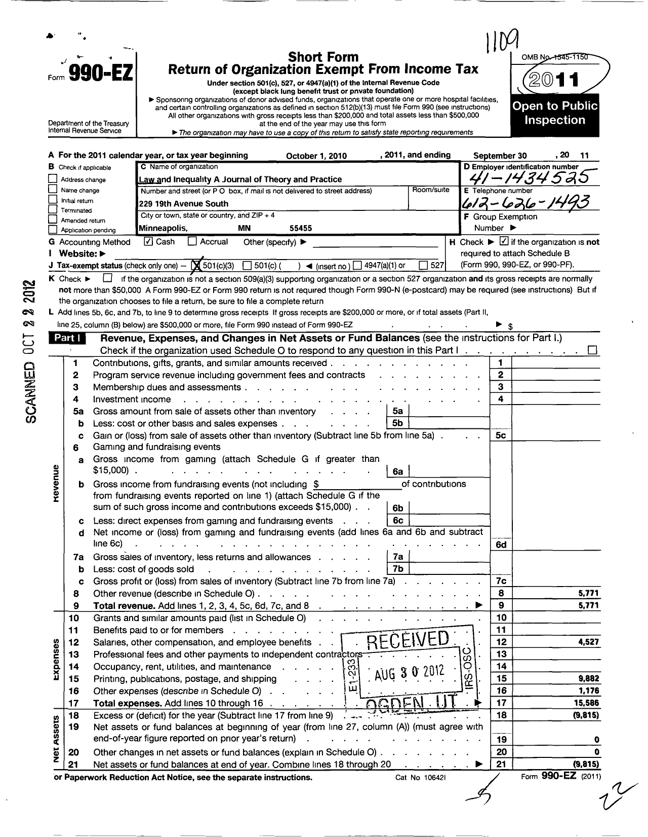 Image of first page of 2010 Form 990EZ for Law and Inequality A Journal of Theory and Practice