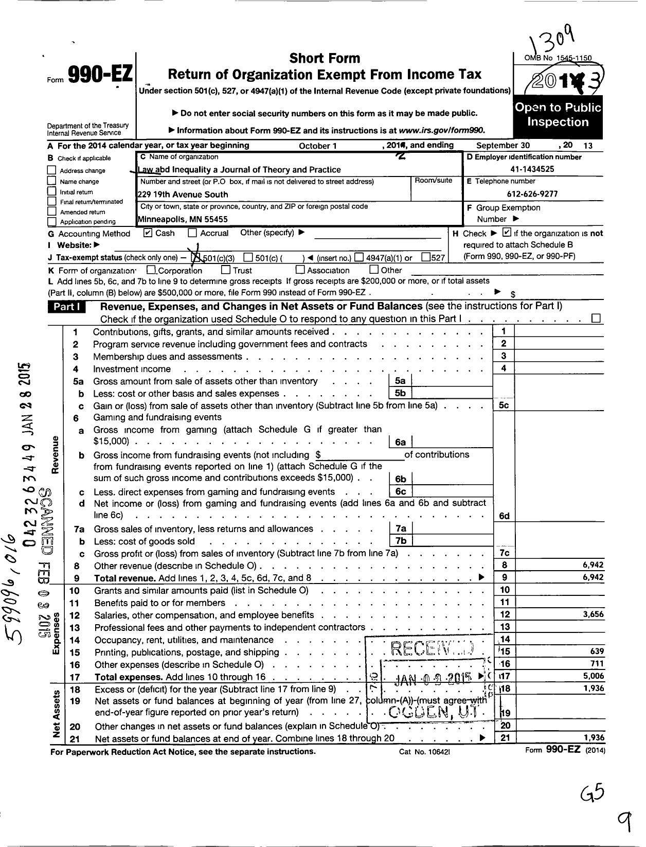 Image of first page of 2012 Form 990EZ for Law and Inequality A Journal of Theory and Practice