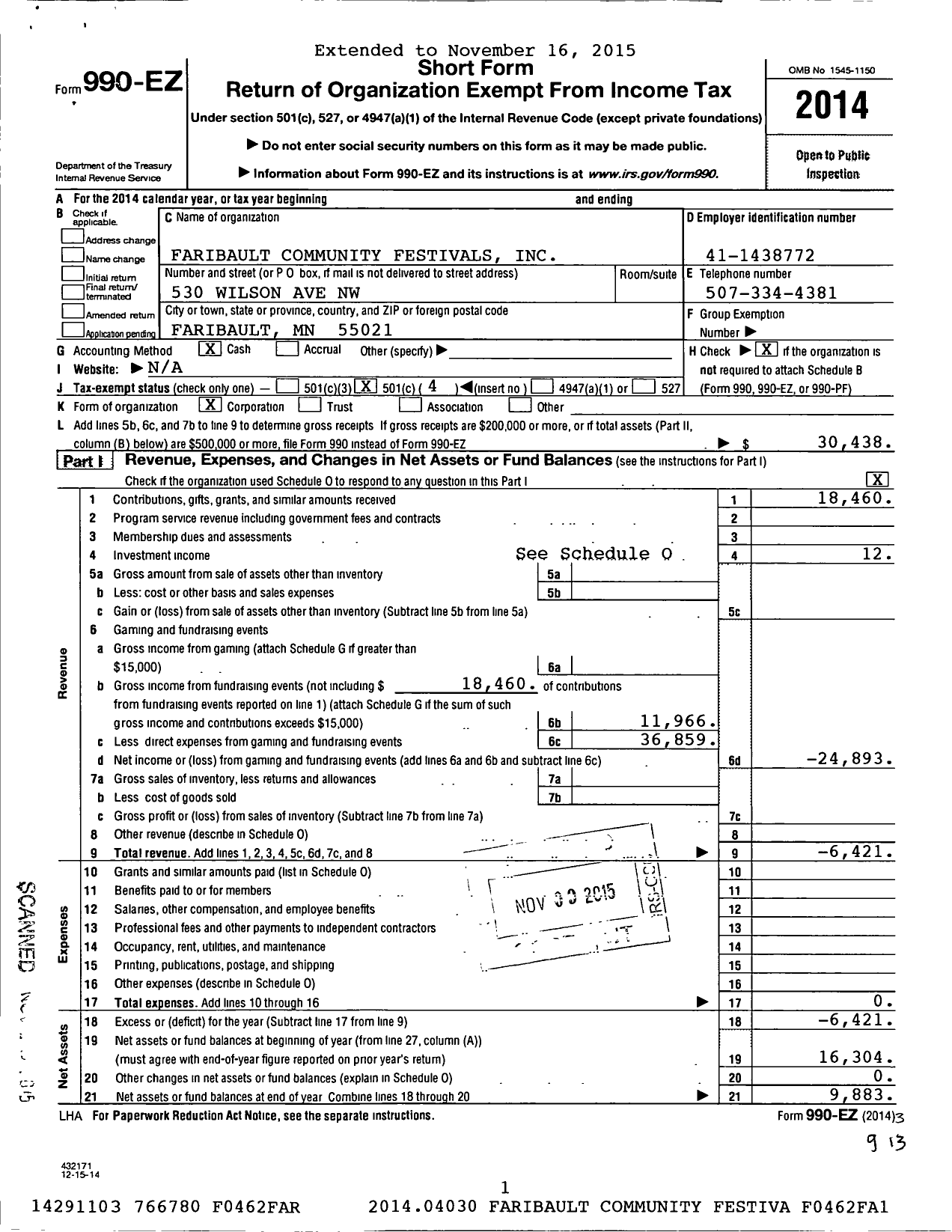 Image of first page of 2014 Form 990EO for Faribault Commumity Festivals