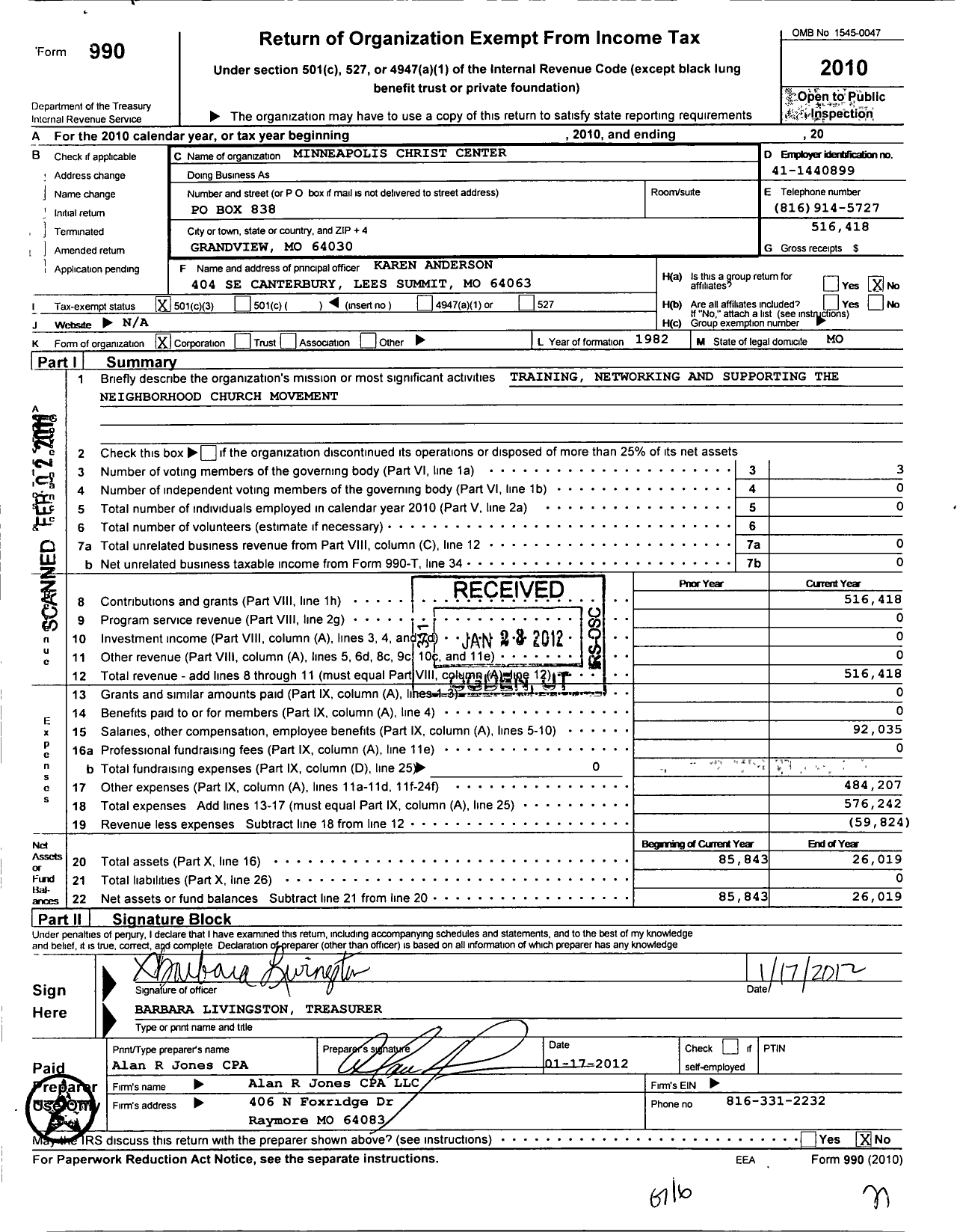 Image of first page of 2010 Form 990 for Minneapolis Christ Center