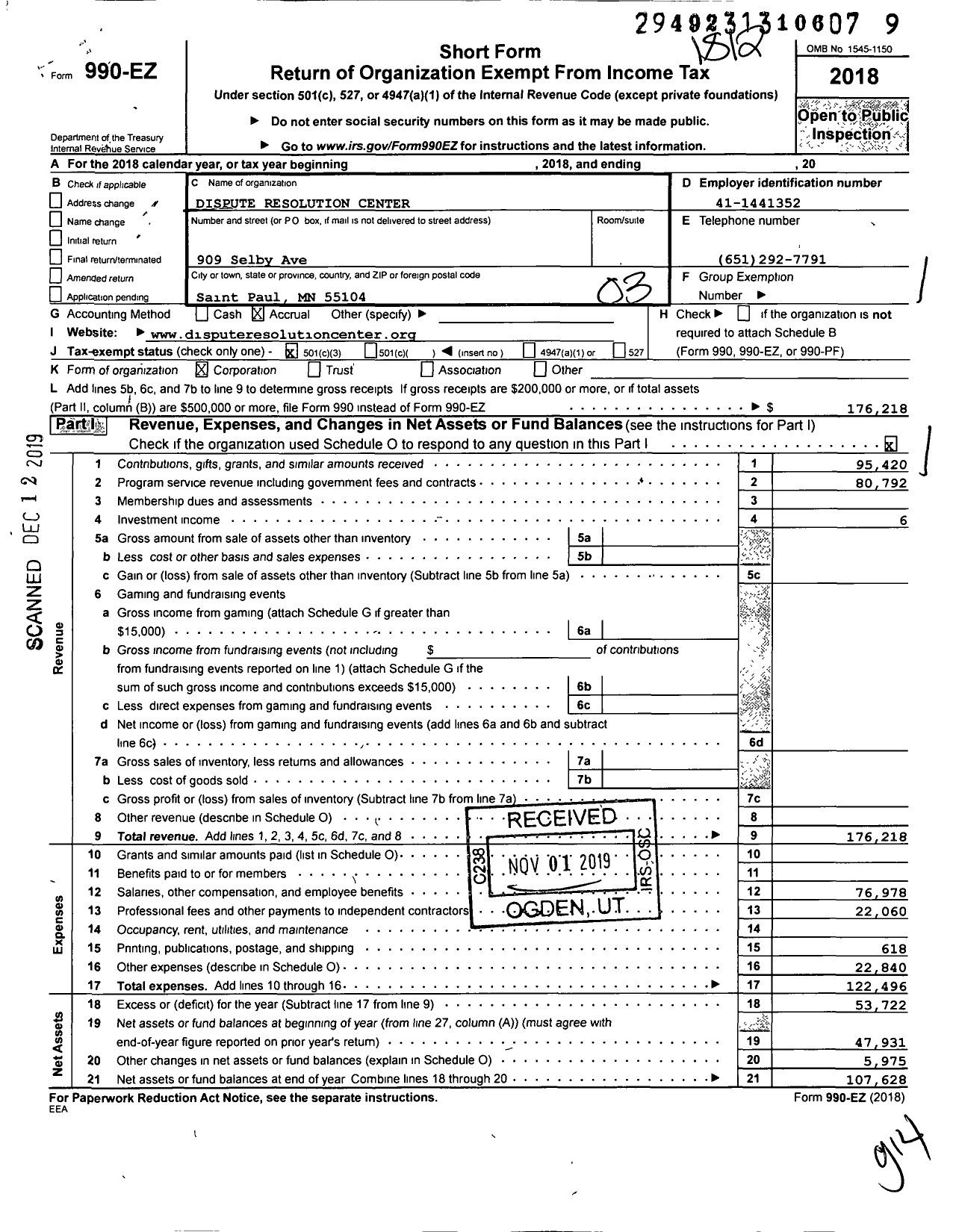 Image of first page of 2018 Form 990EZ for Dispute Resolution Center