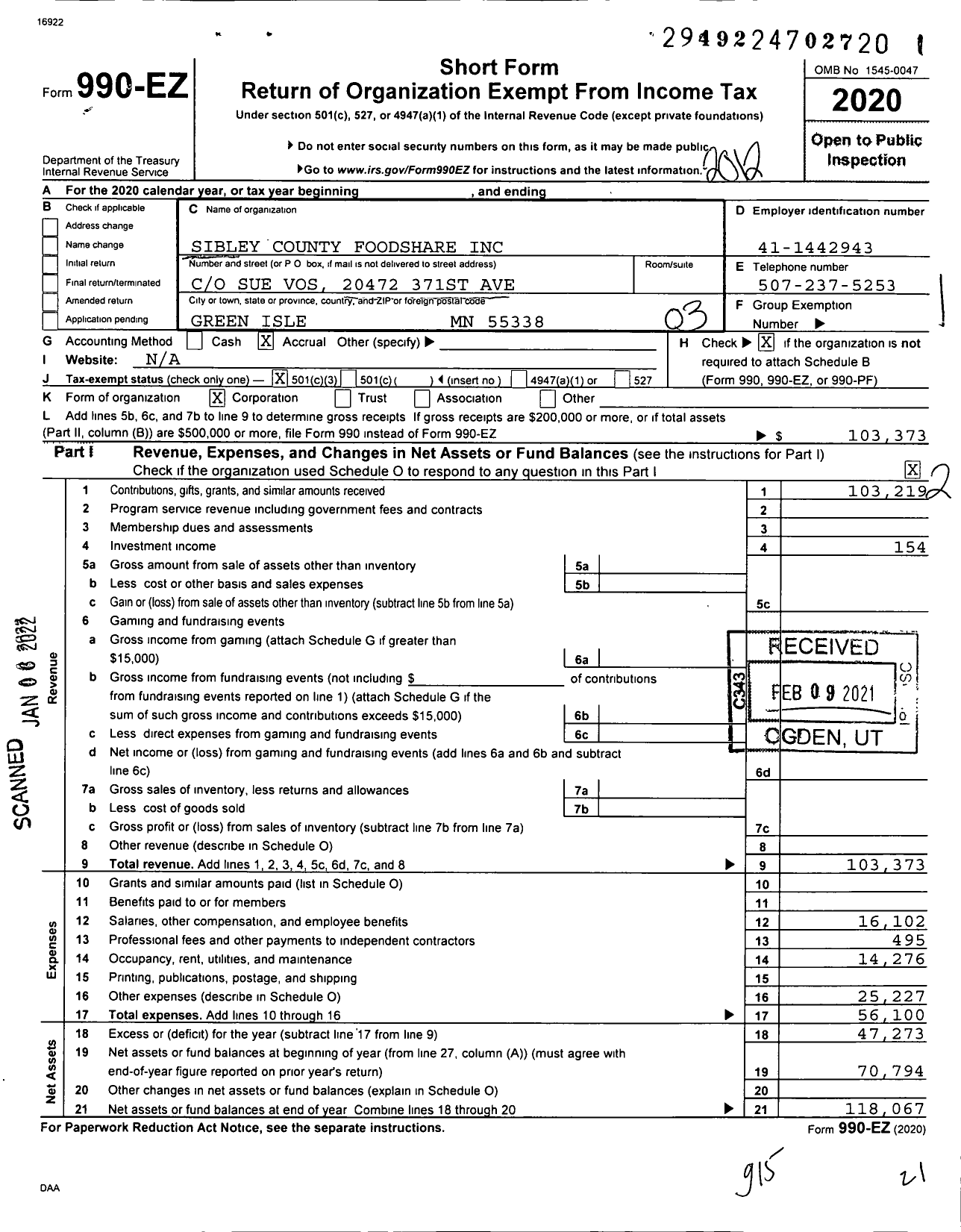 Image of first page of 2020 Form 990EZ for Sibley County Foodshare