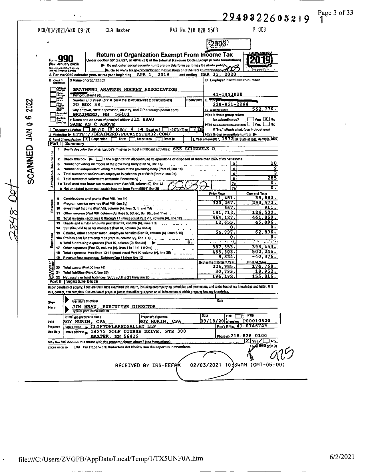 Image of first page of 2019 Form 990O for Brainerd Amateur Hockey Association