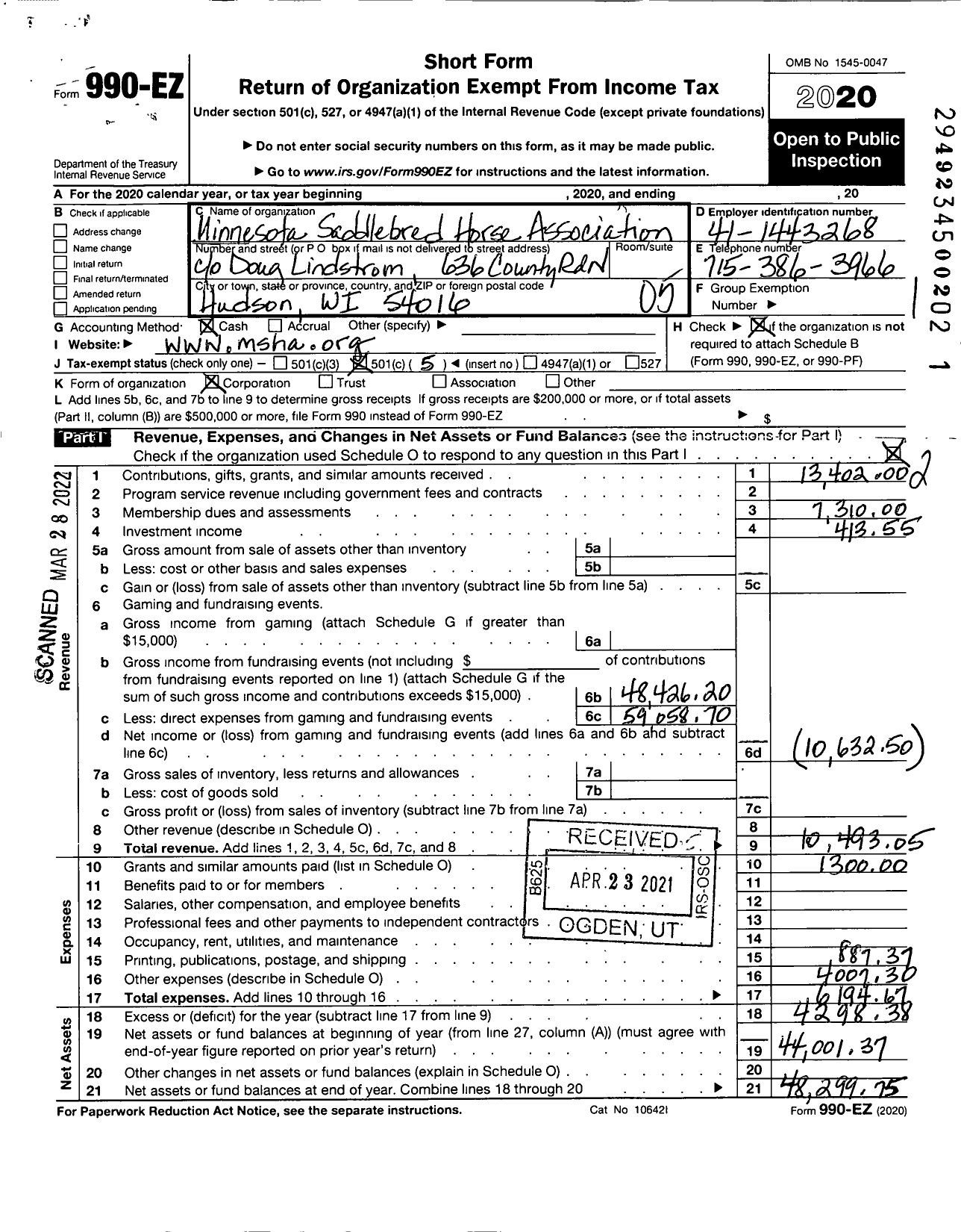 Image of first page of 2020 Form 990EO for Minnesota Saddlebred Horse Association