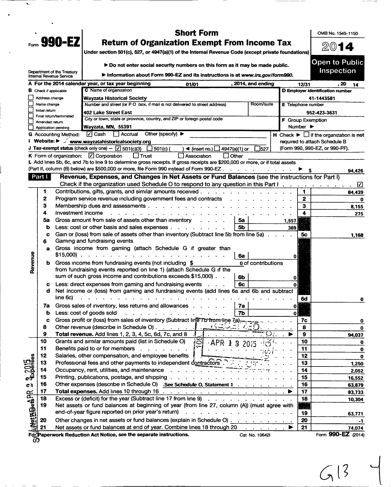 Image of first page of 2014 Form 990EZ for Wayzata Historical Society