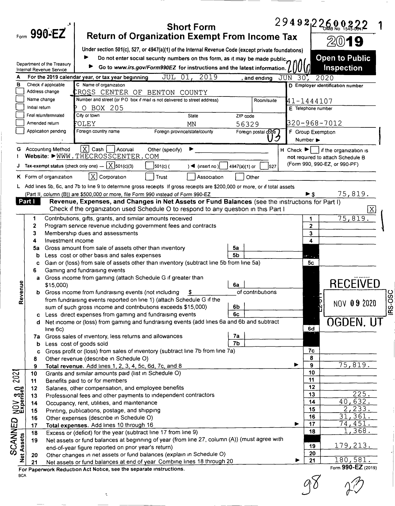 Image of first page of 2019 Form 990EZ for Cross Center of Benton County