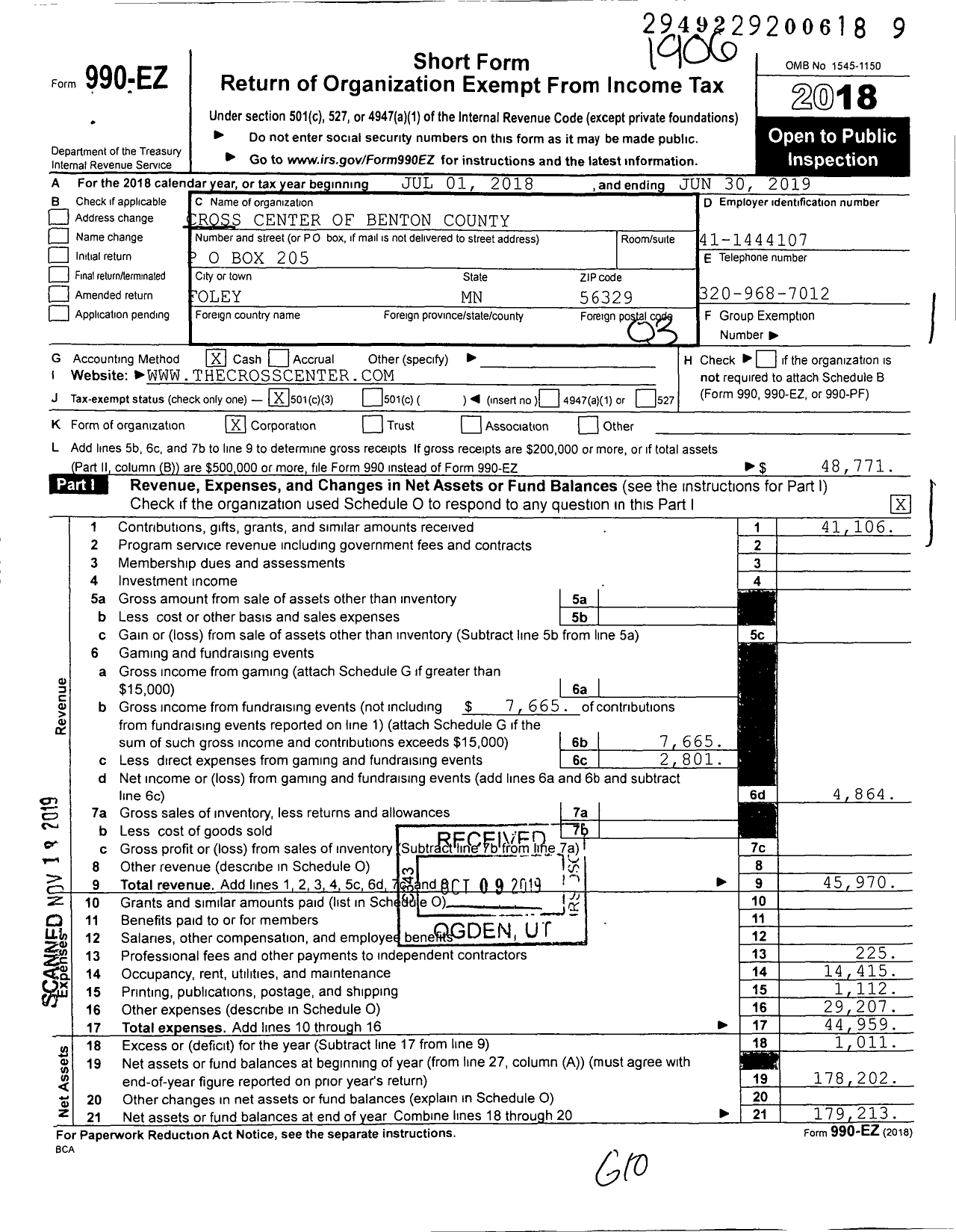 Image of first page of 2018 Form 990EZ for Cross Center of Benton County