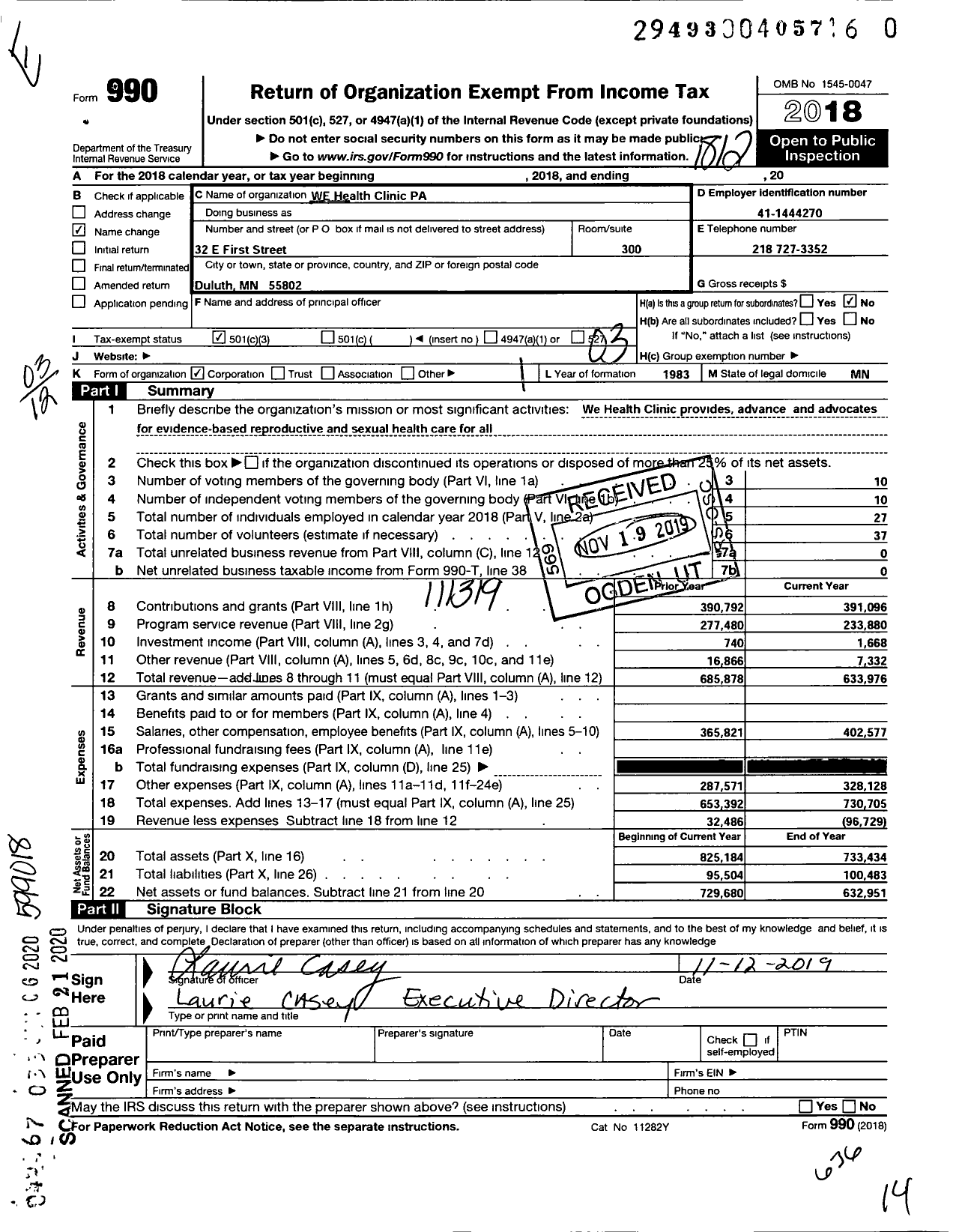 Image of first page of 2018 Form 990 for WE Health Clinic P A