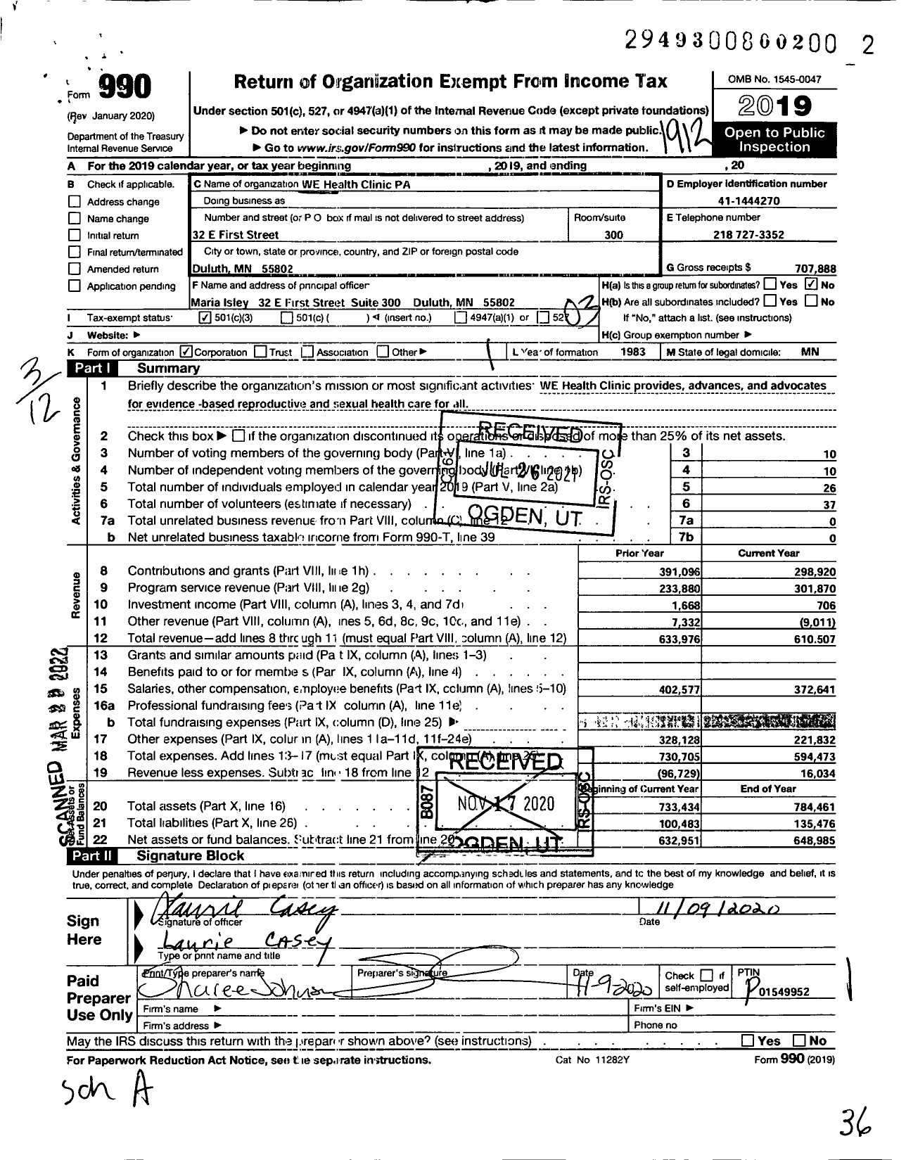 Image of first page of 2019 Form 990 for WE Health Clinic P A