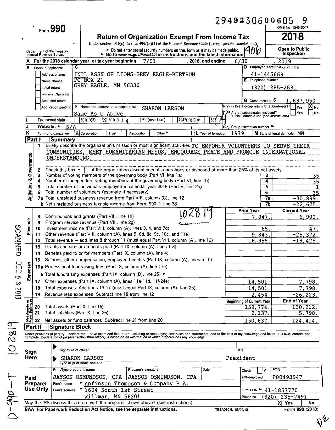 Image of first page of 2018 Form 990O for Lions Clubs - 36793 Grey Eagle-Burtrum