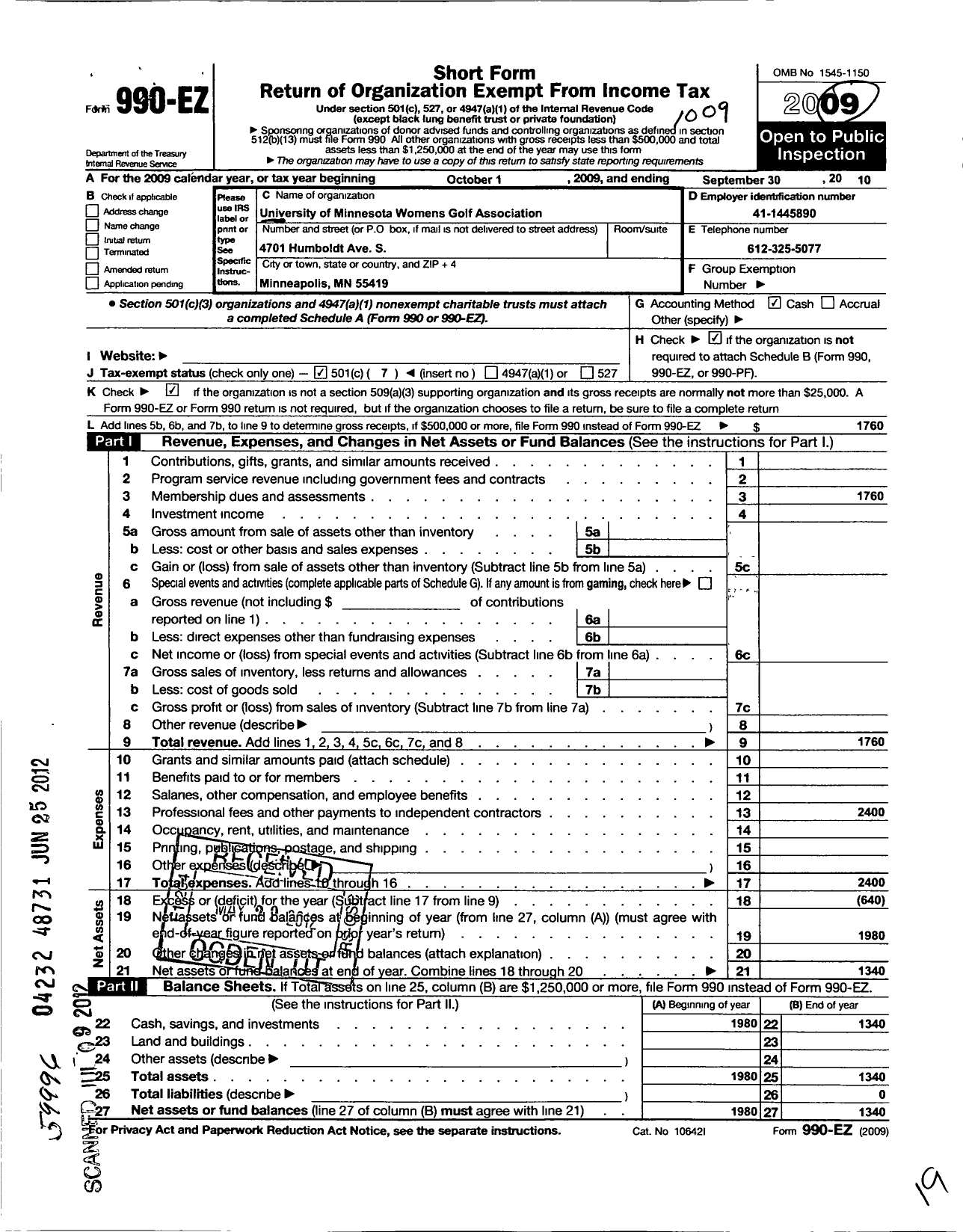 Image of first page of 2009 Form 990EO for University of Minnesota Womens Golf Association