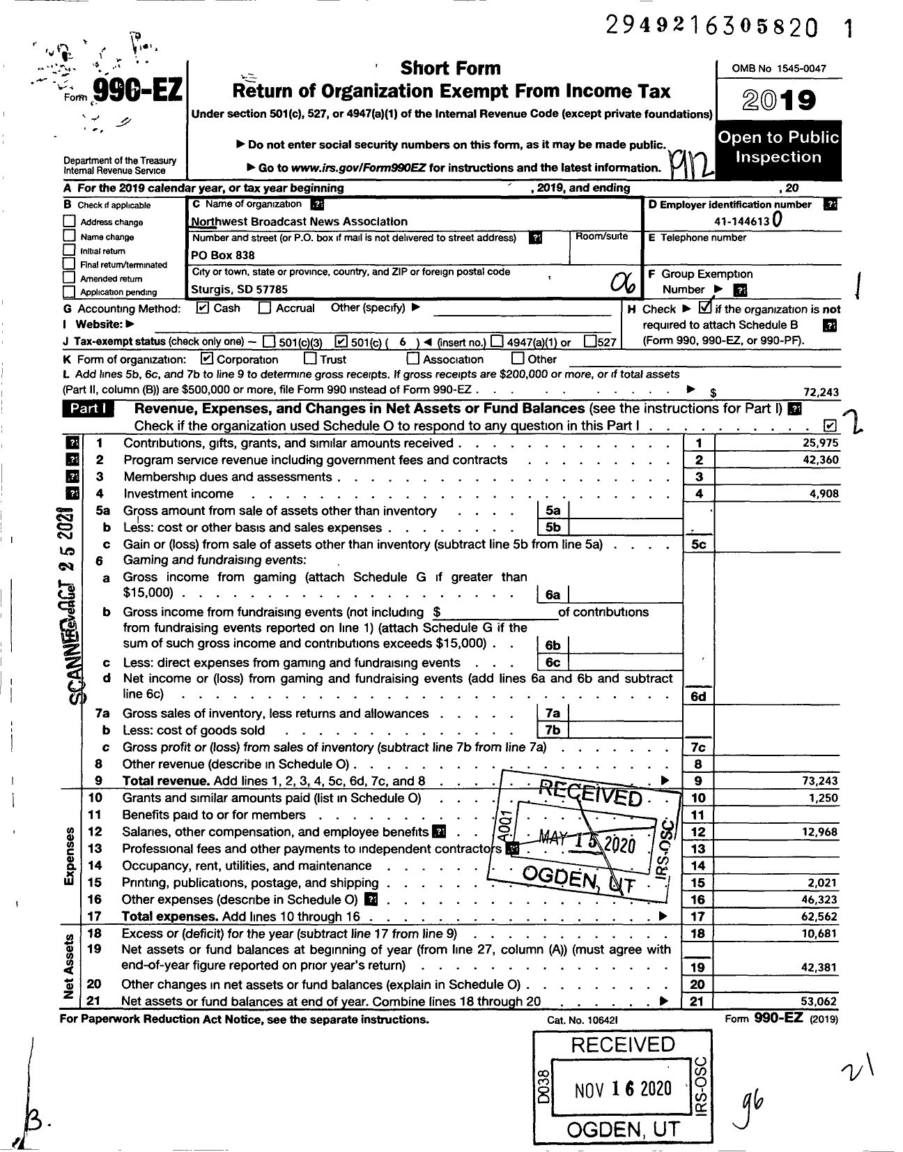 Image of first page of 2019 Form 990EO for Northwest Broadcast News Association