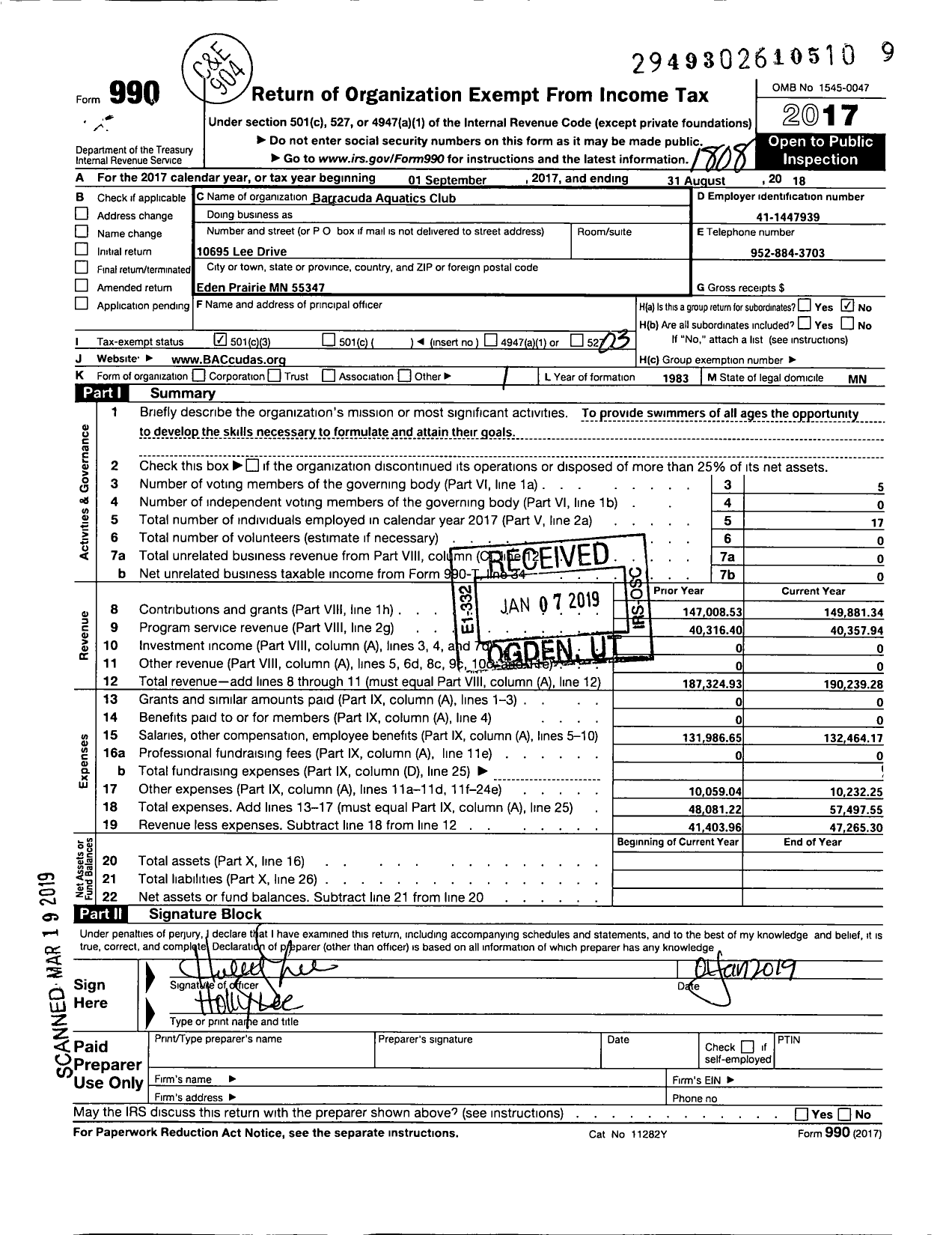 Image of first page of 2017 Form 990 for Barracuda Aquatics Club