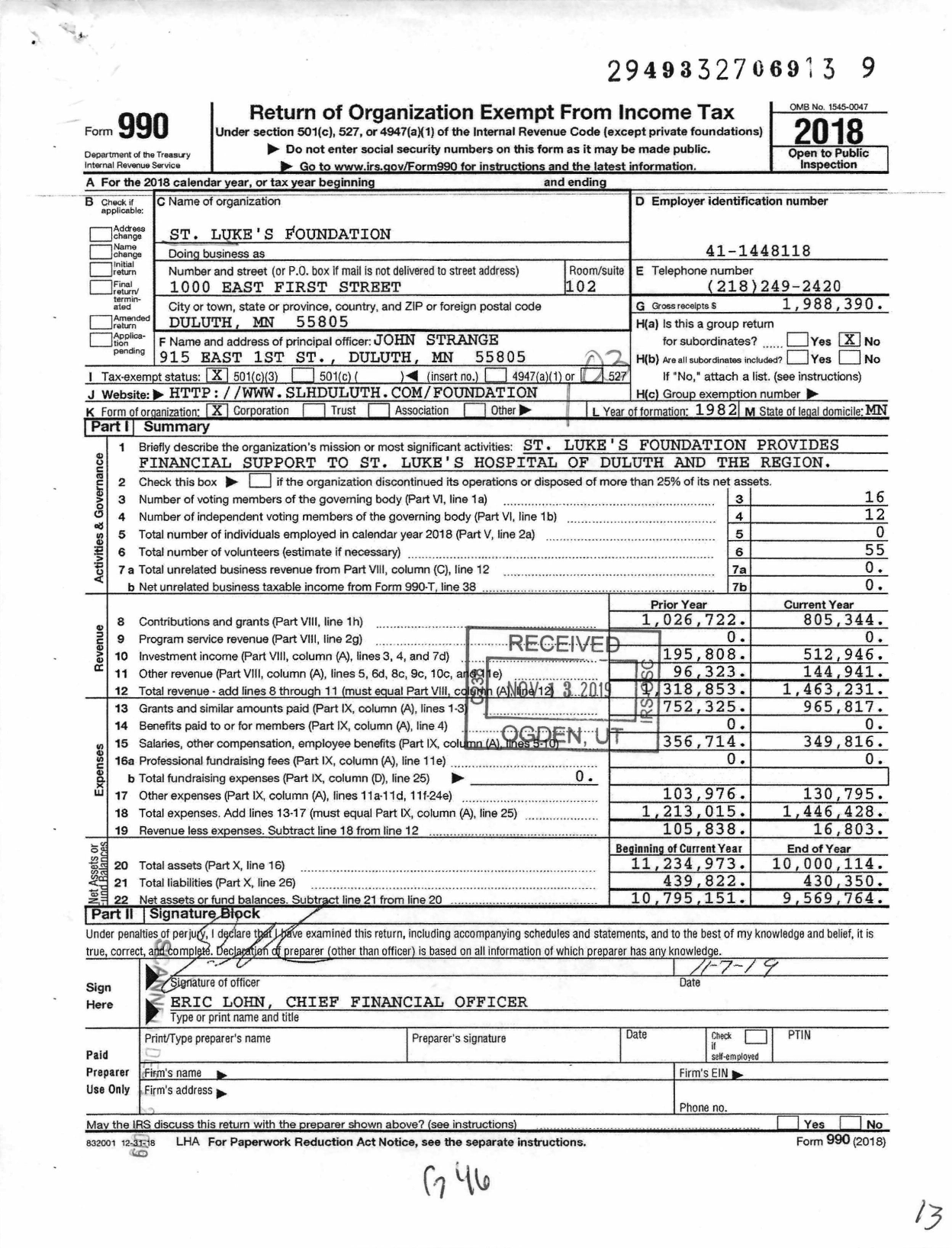 Image of first page of 2018 Form 990 for St Luke's Foundation