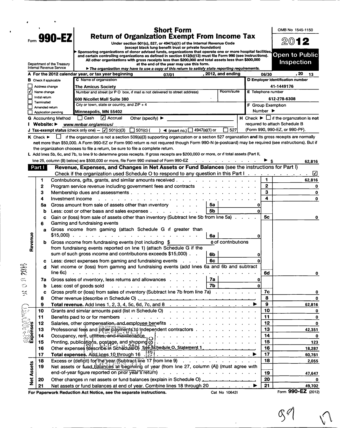 Image of first page of 2012 Form 990EZ for Amicus Society