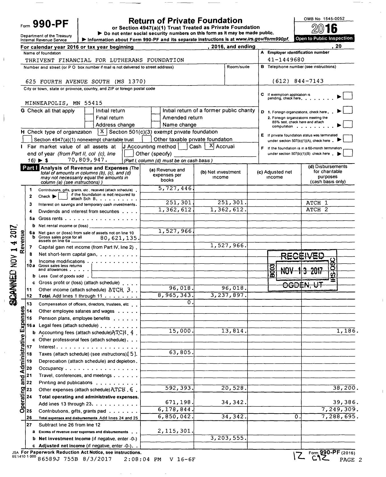Image of first page of 2016 Form 990PF for Thrivent Financial for Lutherans Foundation
