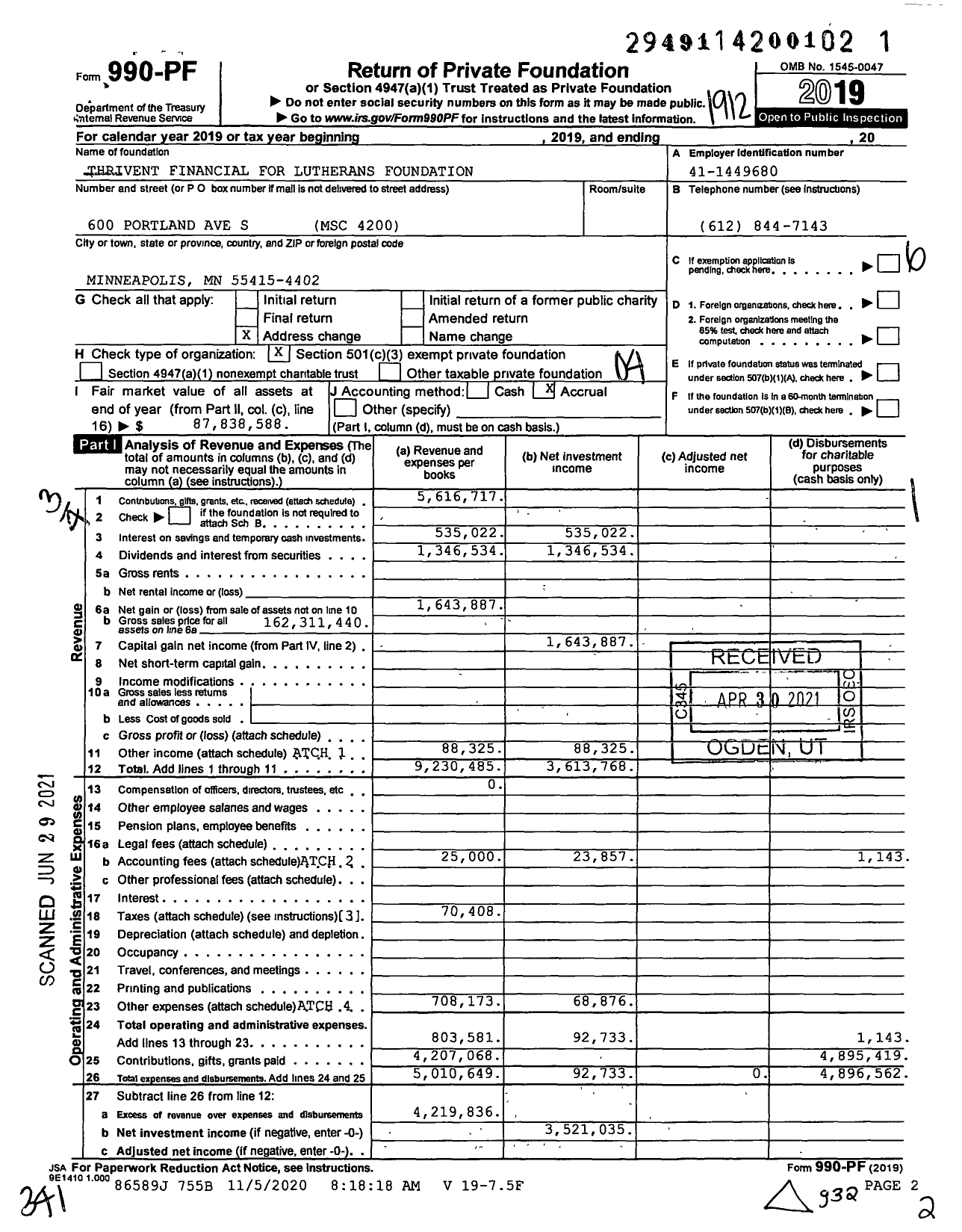 Image of first page of 2019 Form 990PF for Thrivent Financial for Lutherans Foundation