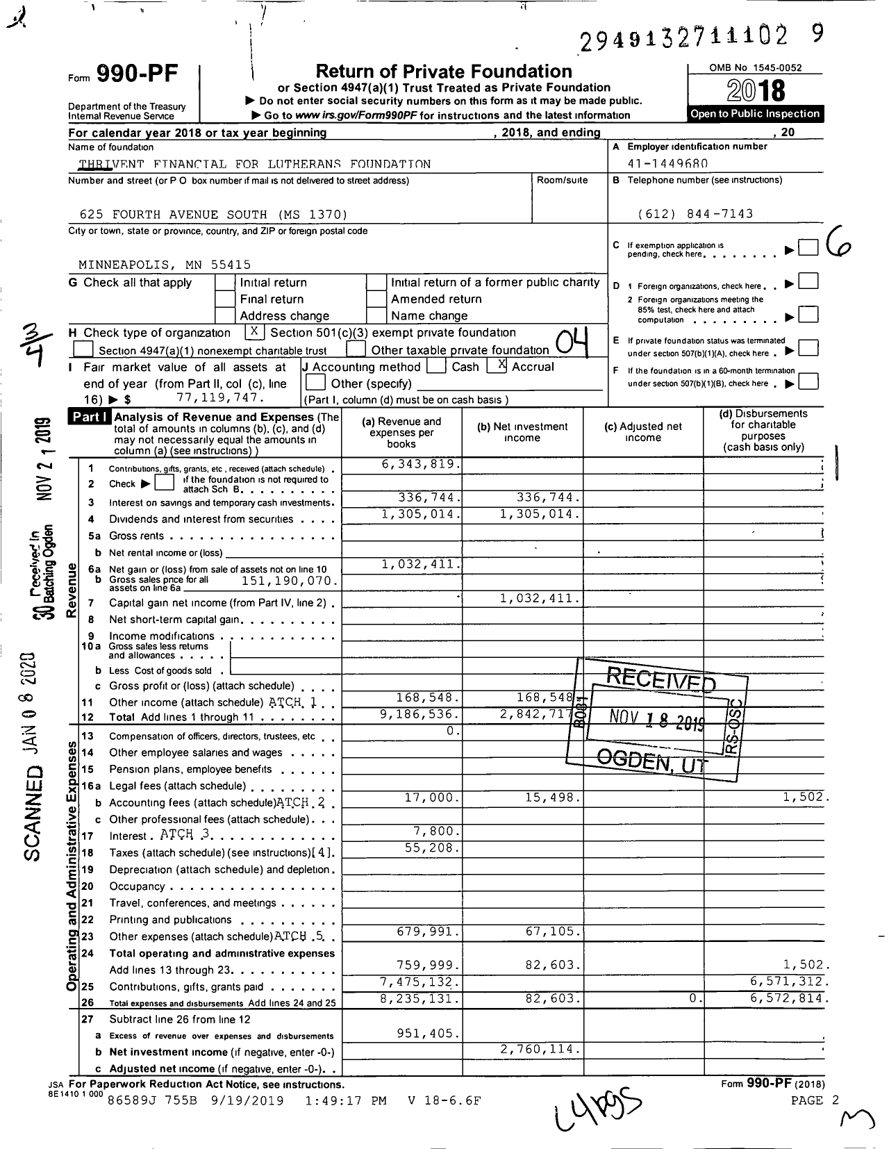 Image of first page of 2018 Form 990PF for Thrivent Financial for Lutherans Foundation