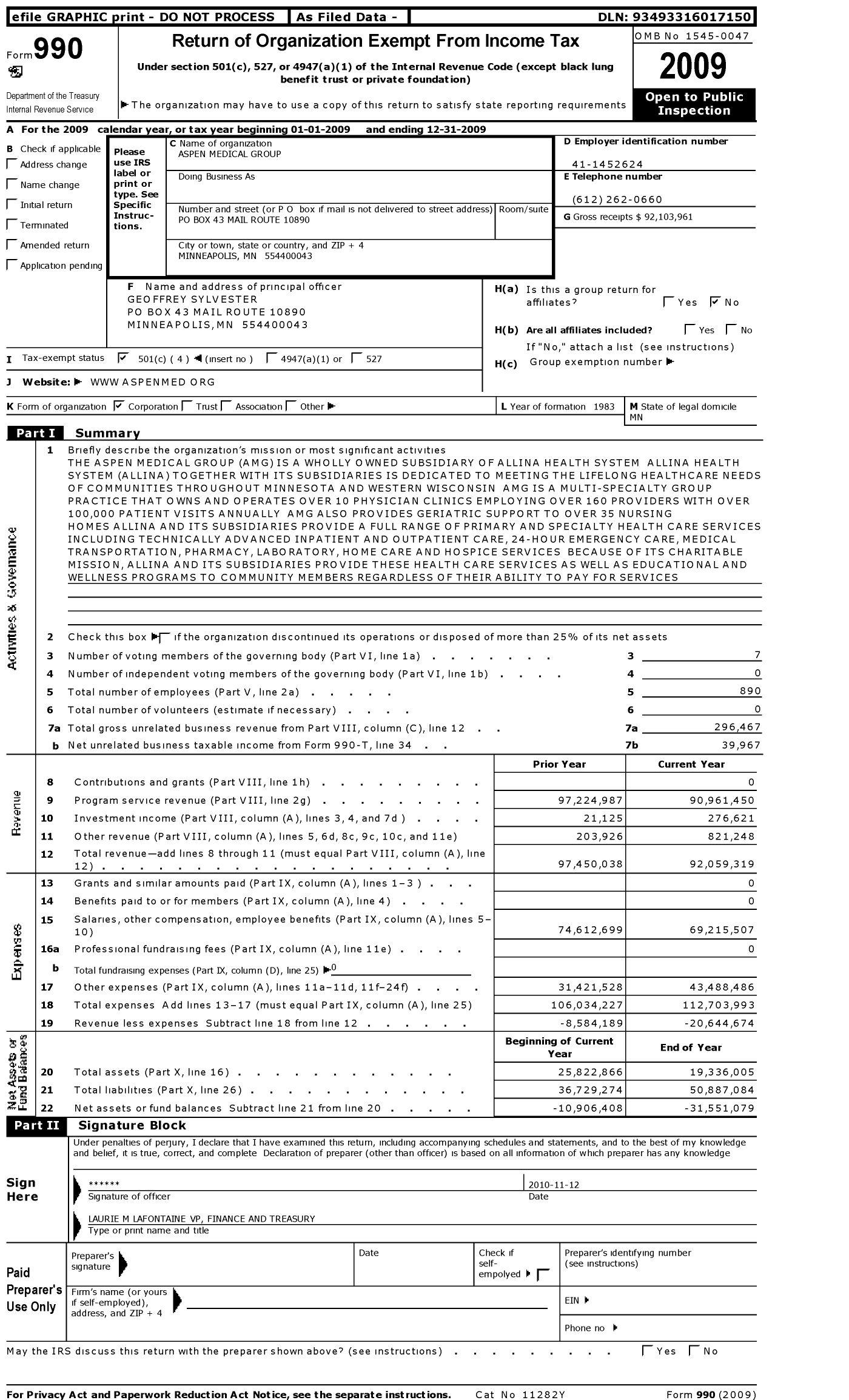 Image of first page of 2009 Form 990O for Aspen Medical Group