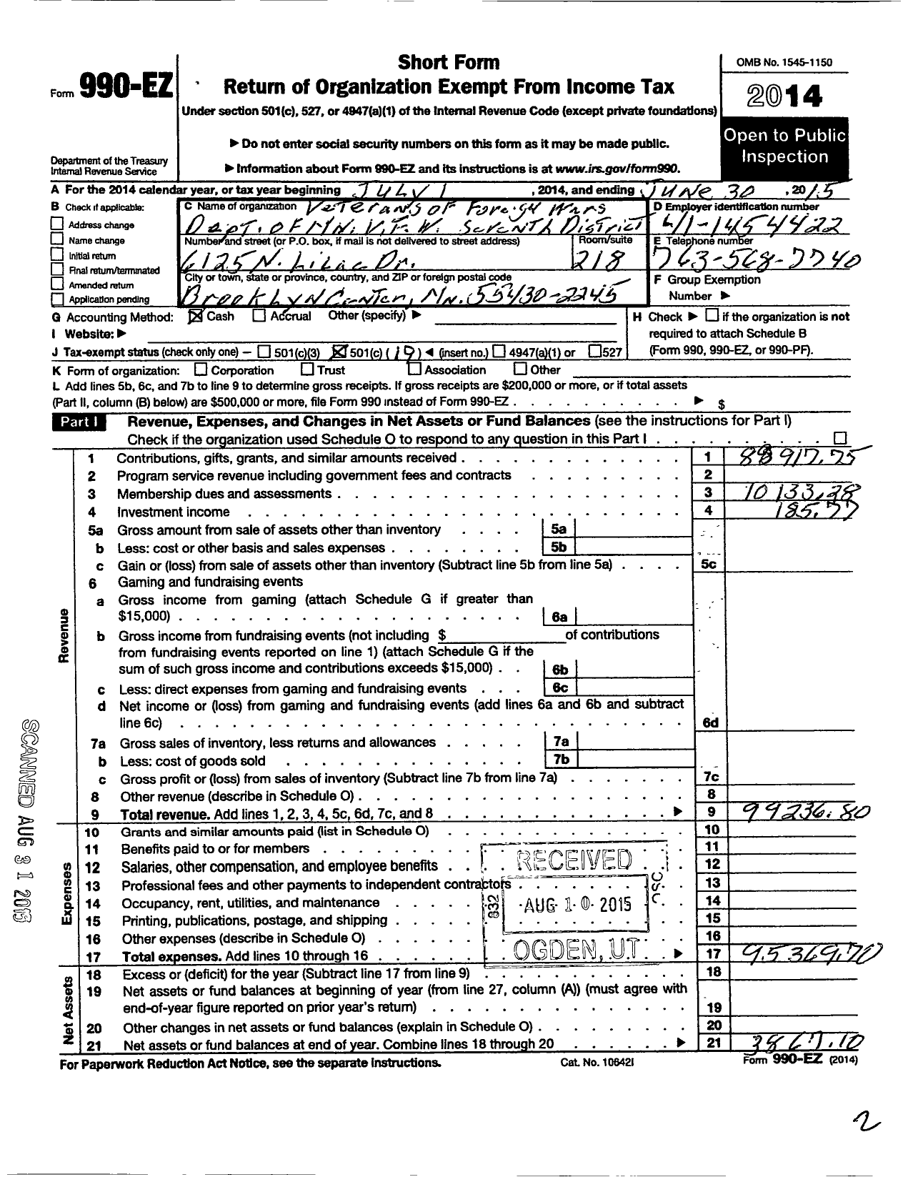 Image of first page of 2014 Form 990EO for MN VFW - Seventh District