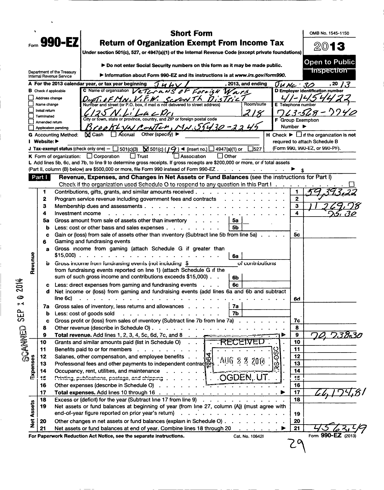 Image of first page of 2012 Form 990EO for MN VFW - Seventh District