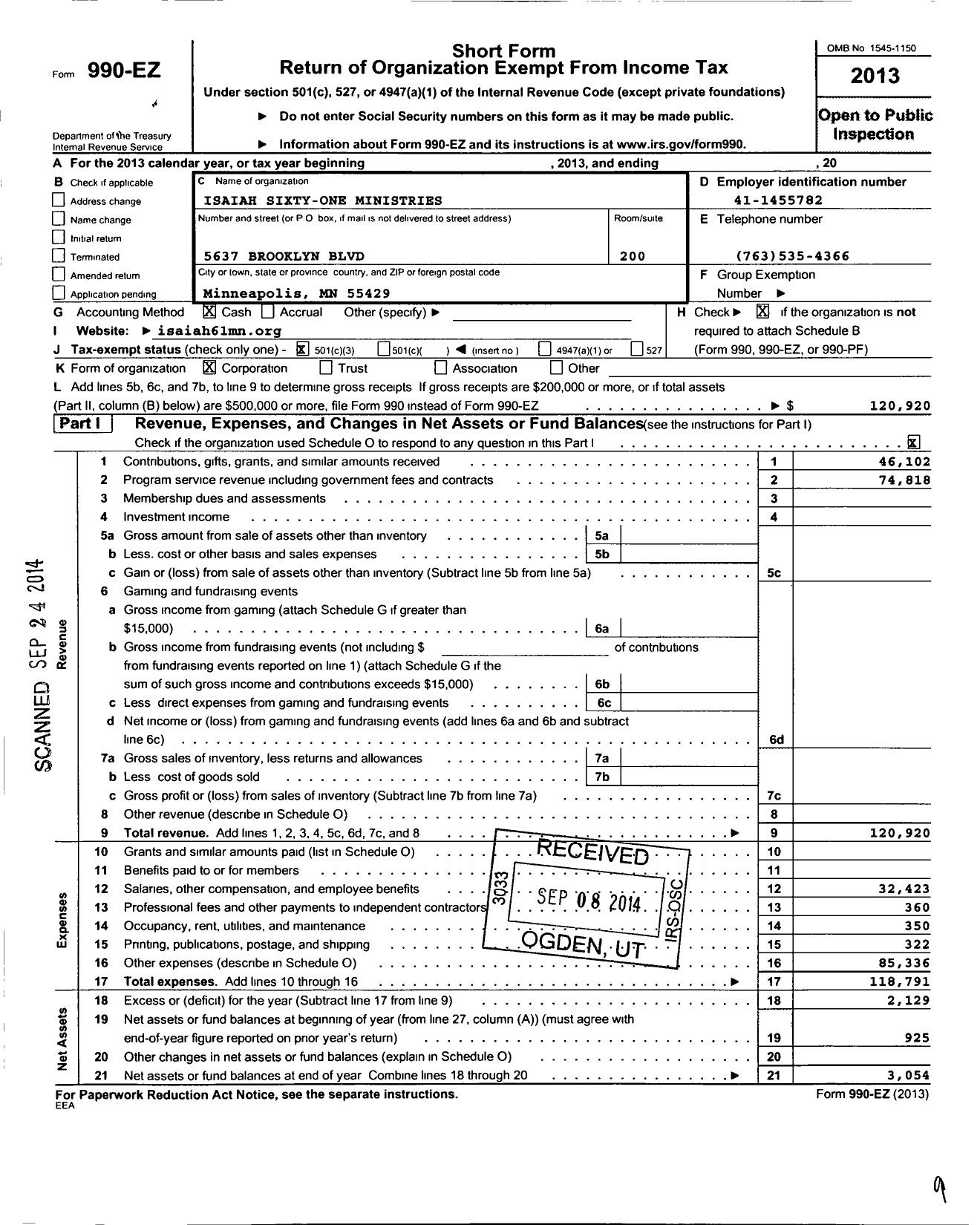 Image of first page of 2013 Form 990EZ for Isaiah Sixty One Ministries