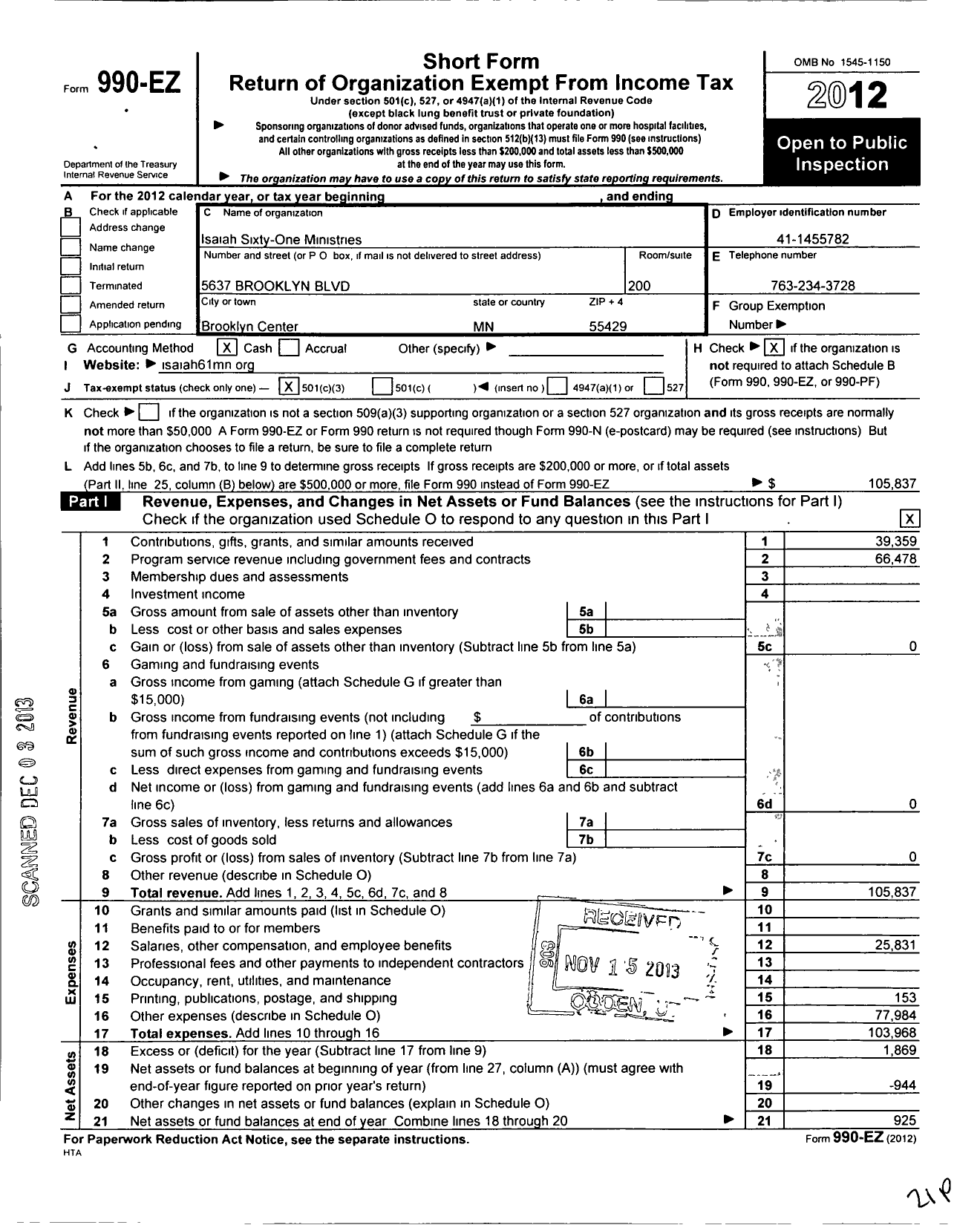 Image of first page of 2012 Form 990EZ for Isaiah Sixty One Ministries