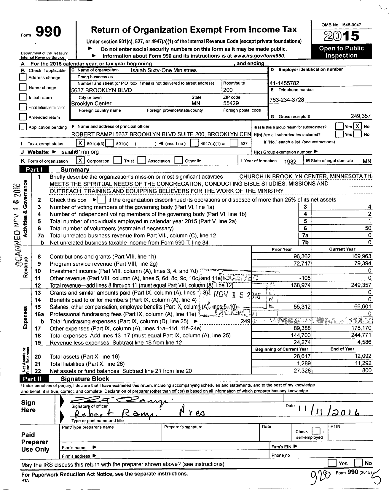 Image of first page of 2015 Form 990 for Isaiah Sixty One Ministries