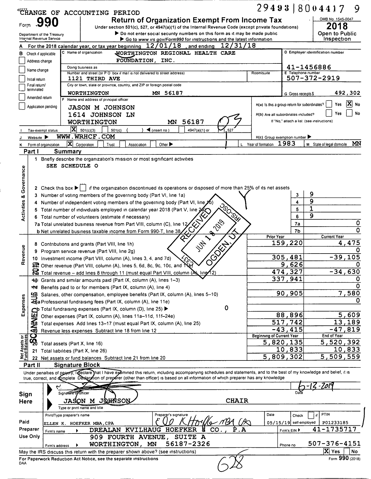 Image of first page of 2018 Form 990 for Worthington Regional Health Care Foundation