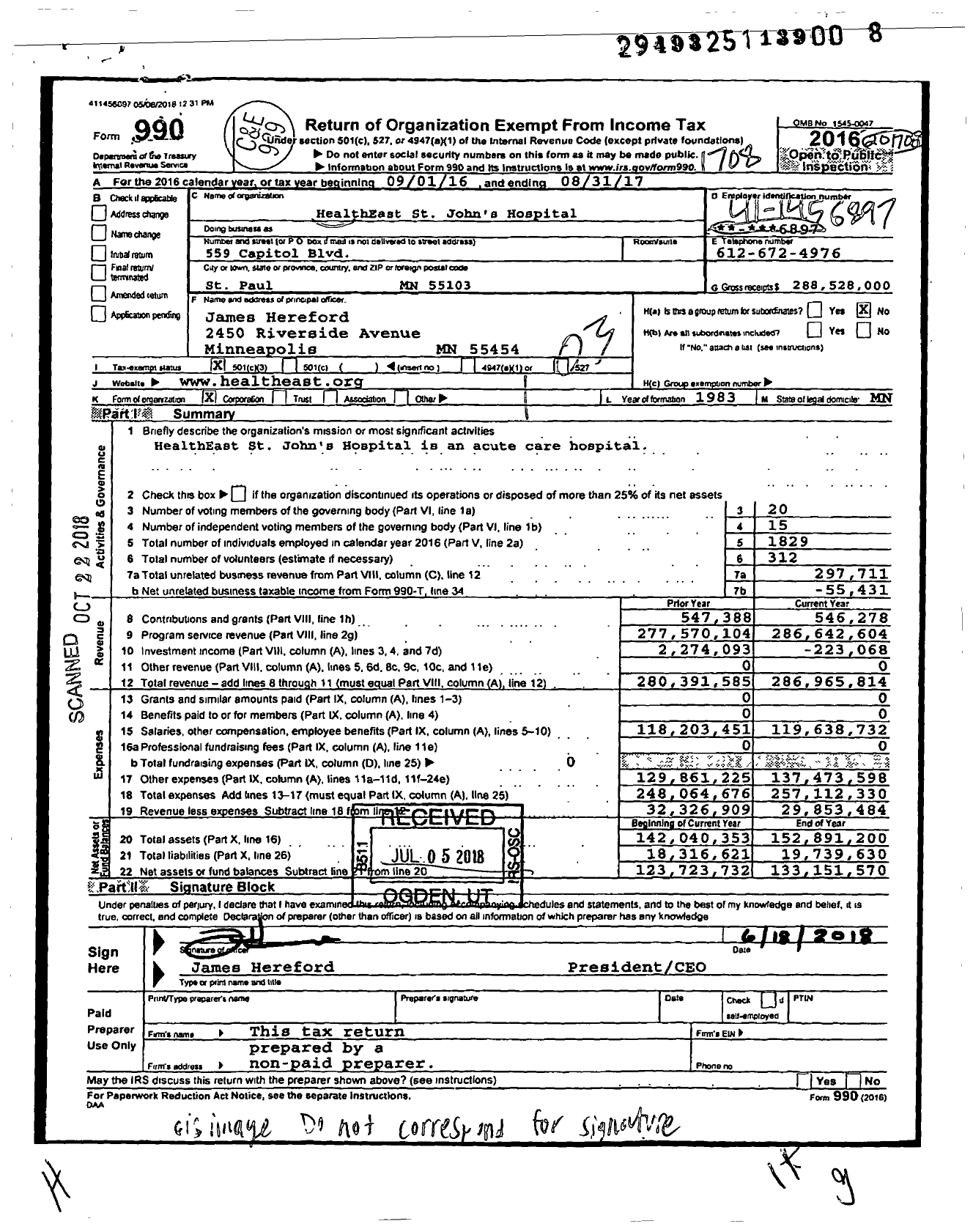Image of first page of 2016 Form 990 for Healtheast St. John's Hospital