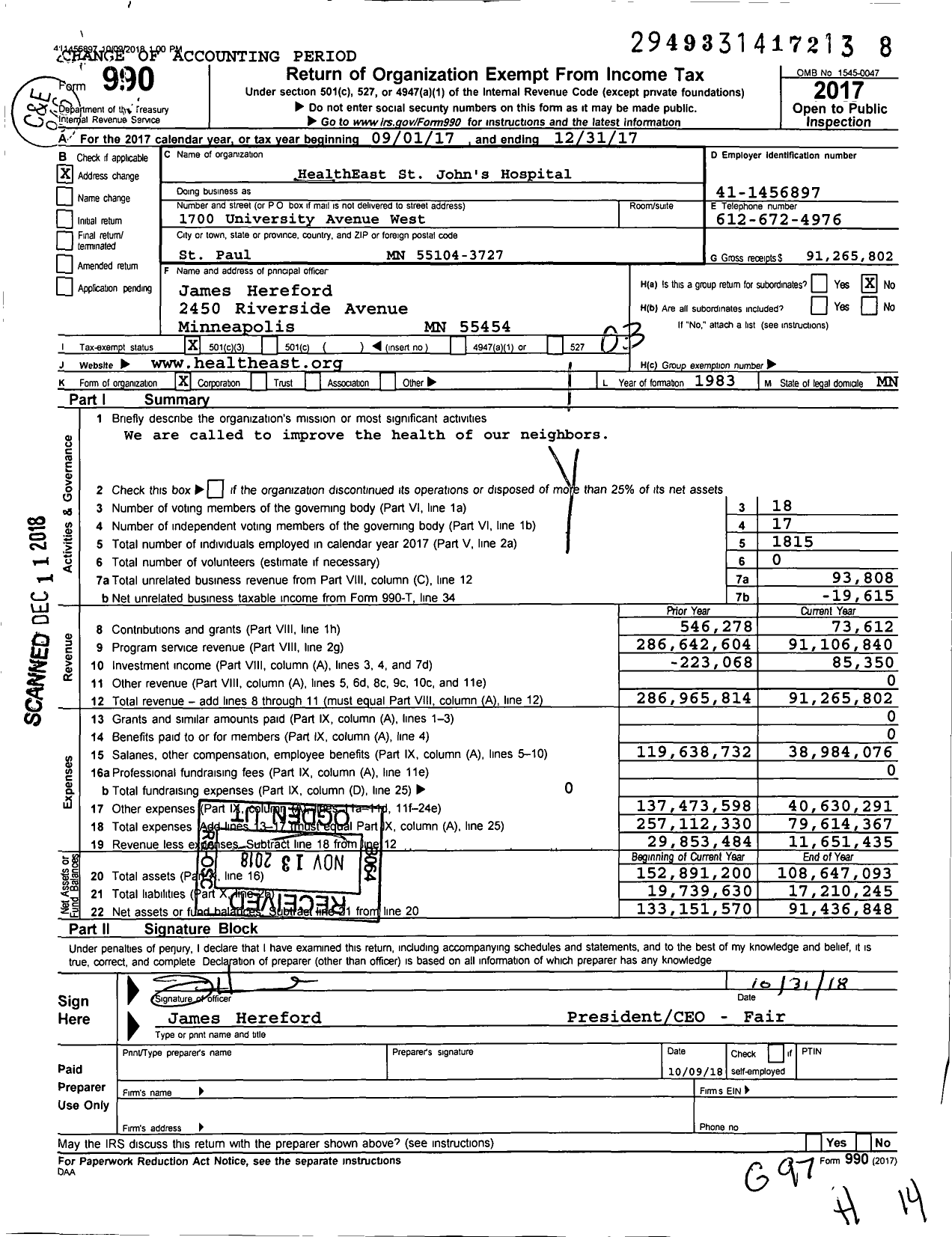 Image of first page of 2017 Form 990 for Healtheast St. John's Hospital