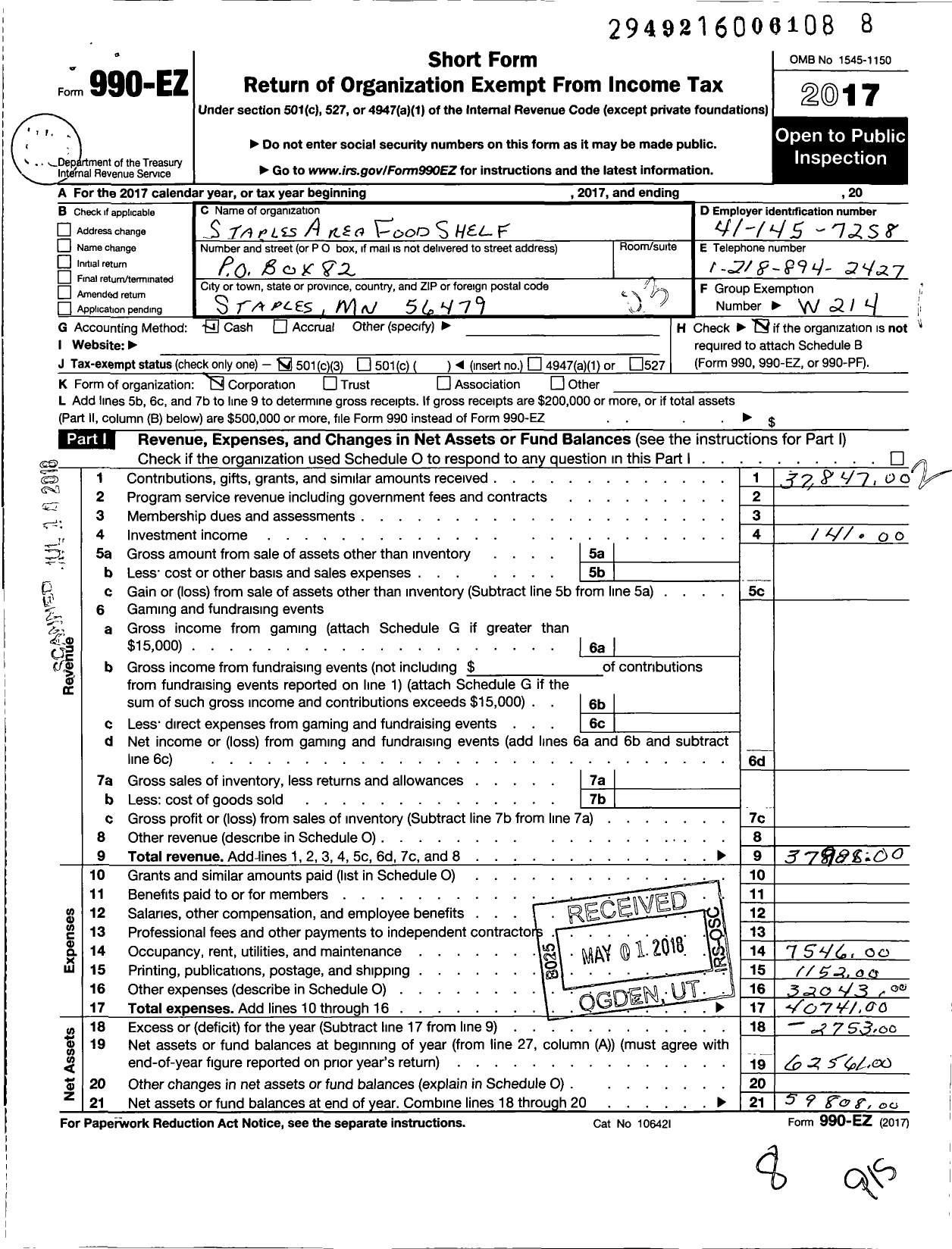 Image of first page of 2017 Form 990EZ for The Staples Area Food Shelf