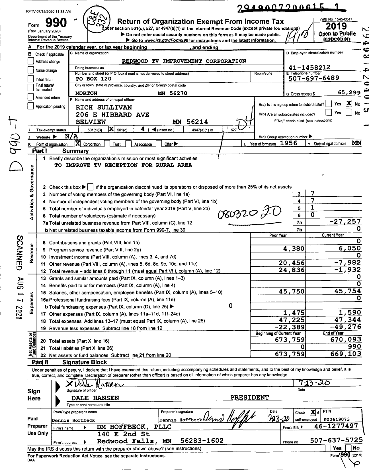 Image of first page of 2019 Form 990O for Redwood TV Improvement Corporation