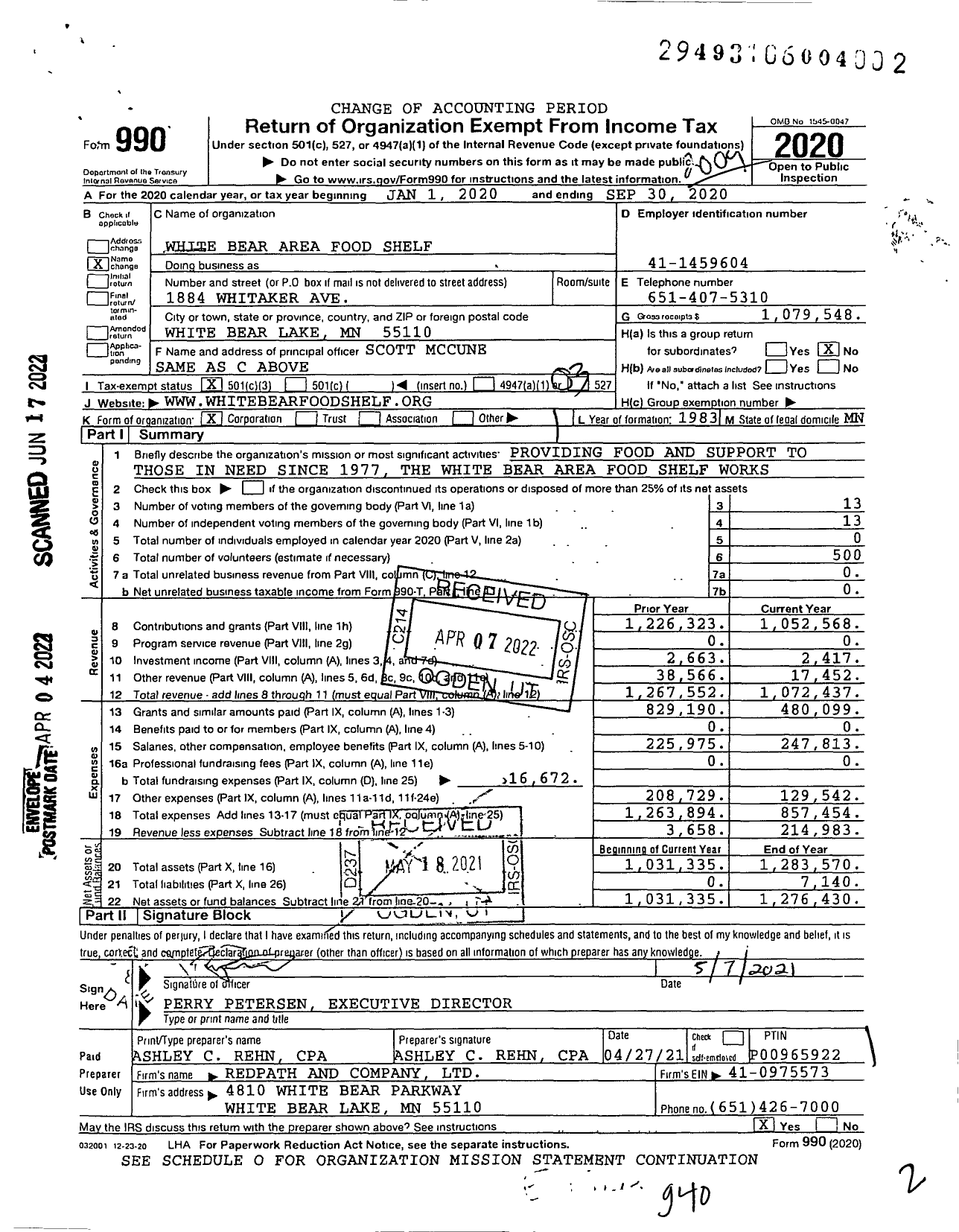 Image of first page of 2019 Form 990 for White Bear Area Food Shelf