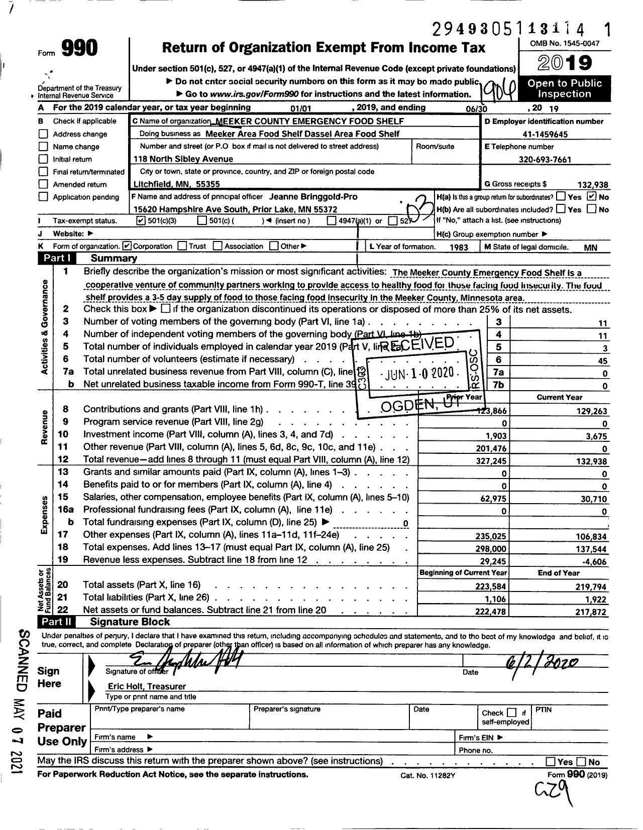 Image of first page of 2018 Form 990 for Meeker Area Food Shelf Dassel Area Food Shelf