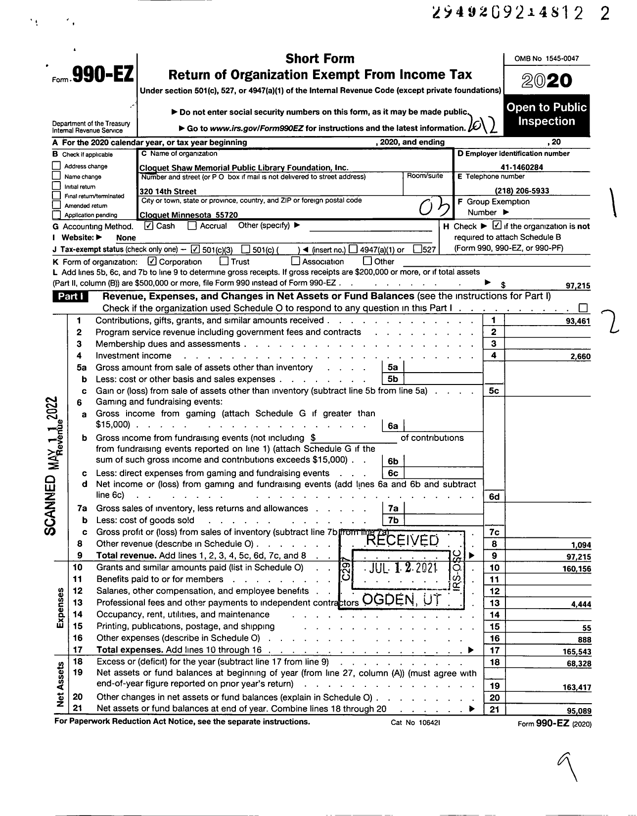 Image of first page of 2020 Form 990EZ for Cloquet Shaw Memorial Public Library Foundation