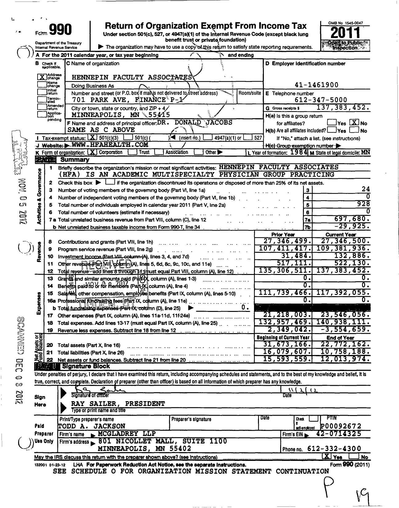 Image of first page of 2011 Form 990 for Hennepin Faculty Associates