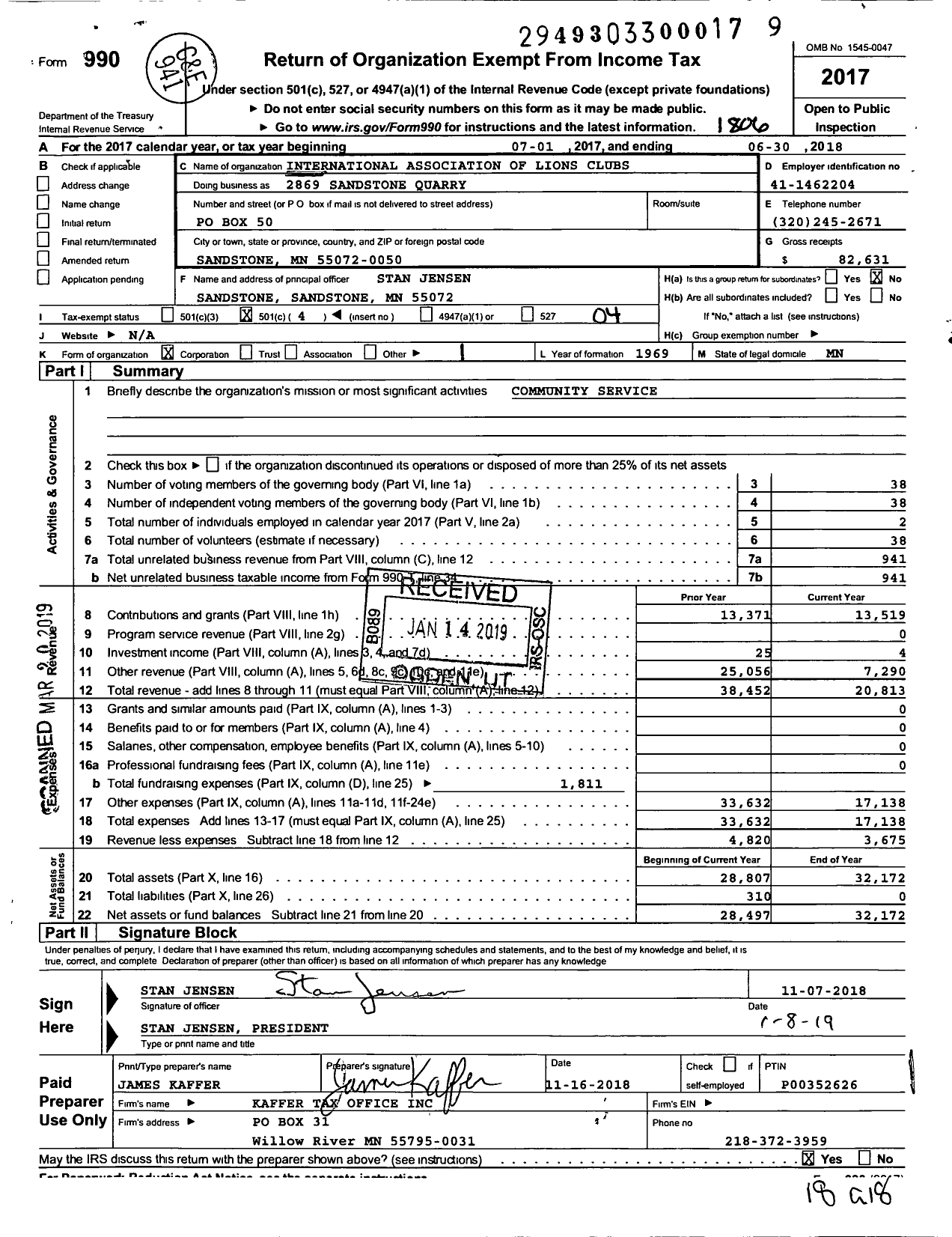 Image of first page of 2017 Form 990O for Lions Clubs - Sandstone Lions Club