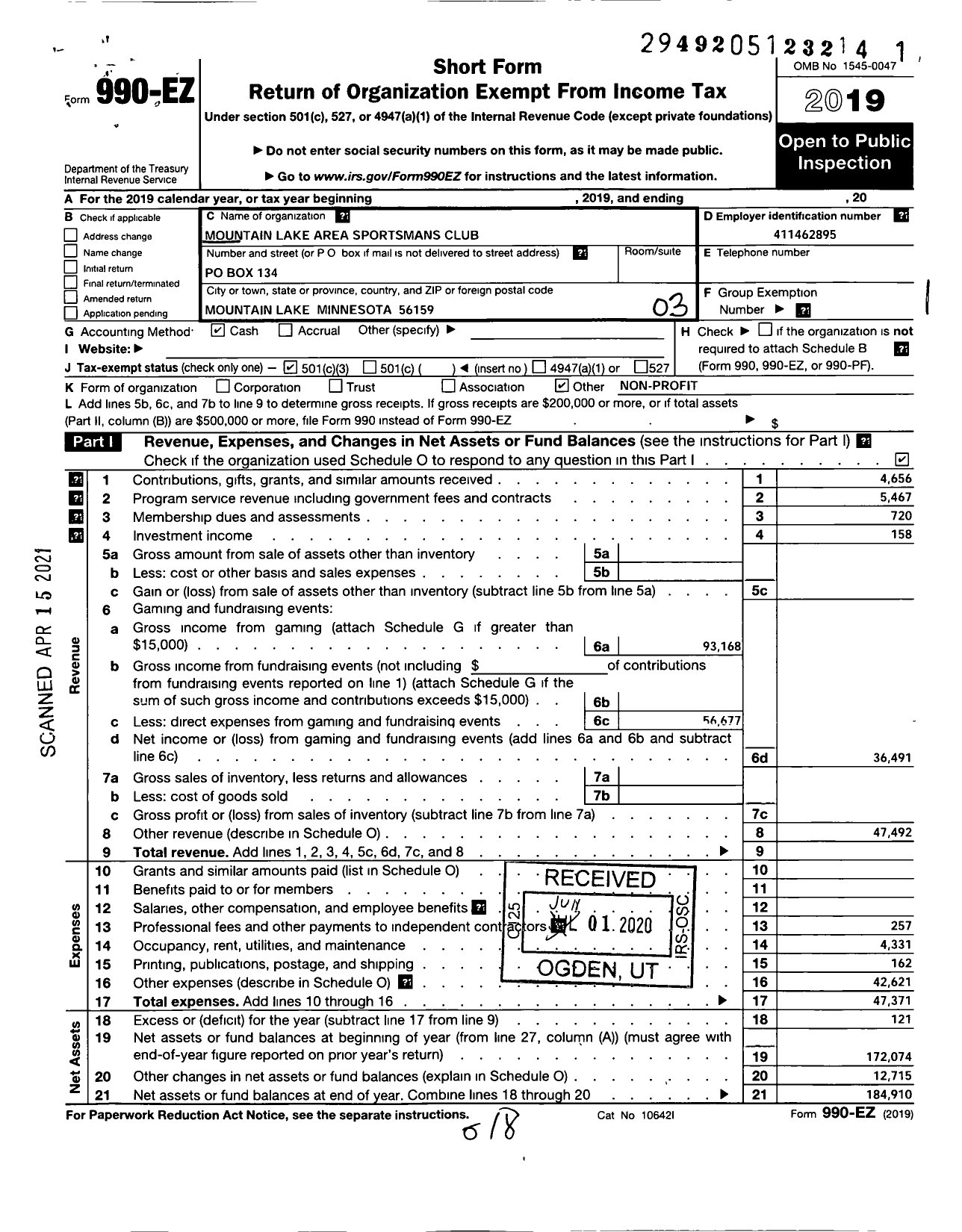 Image of first page of 2019 Form 990EZ for Mountain Lake Area Sportsmans Club