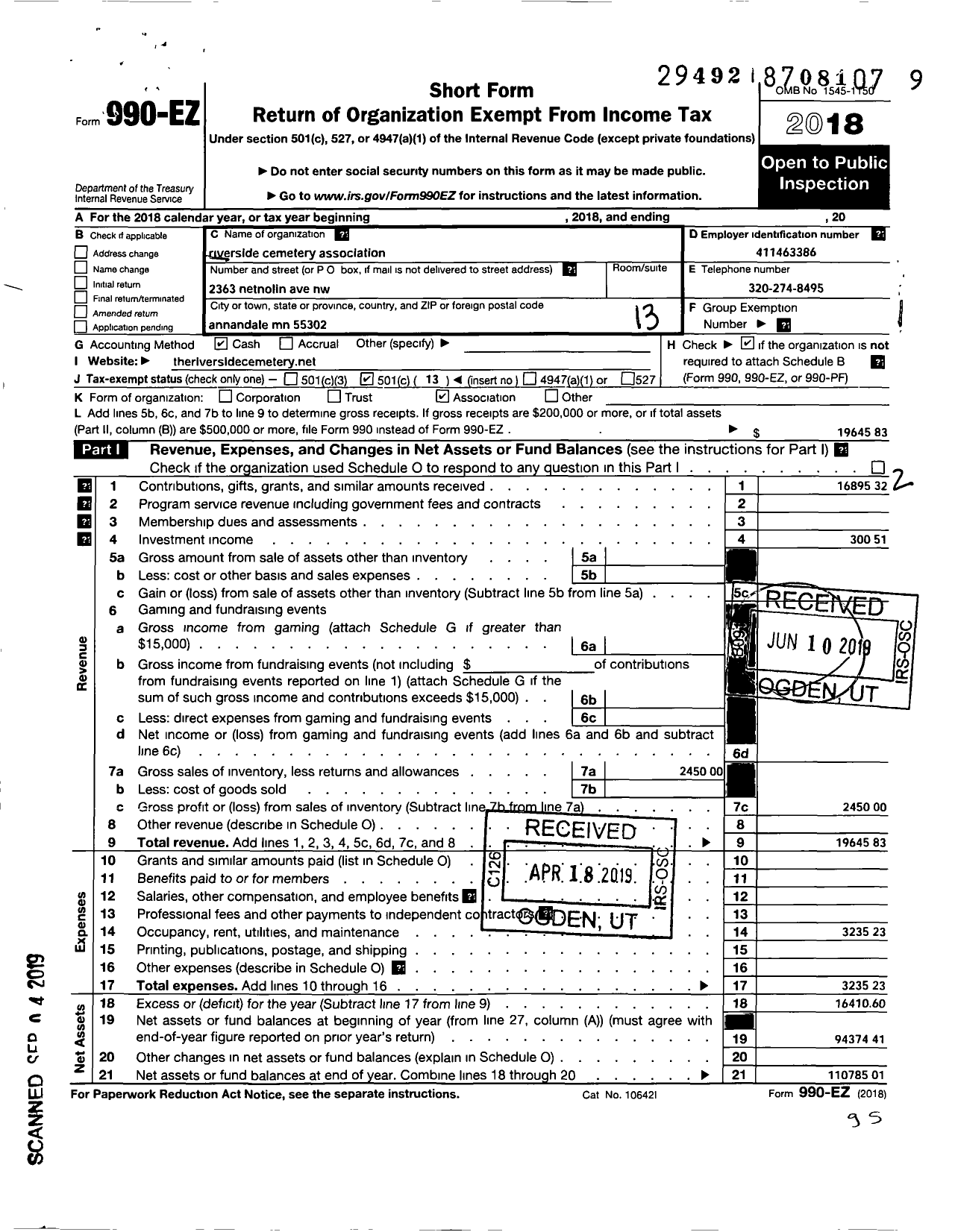 Image of first page of 2018 Form 990EO for Riverside Cemetery Association